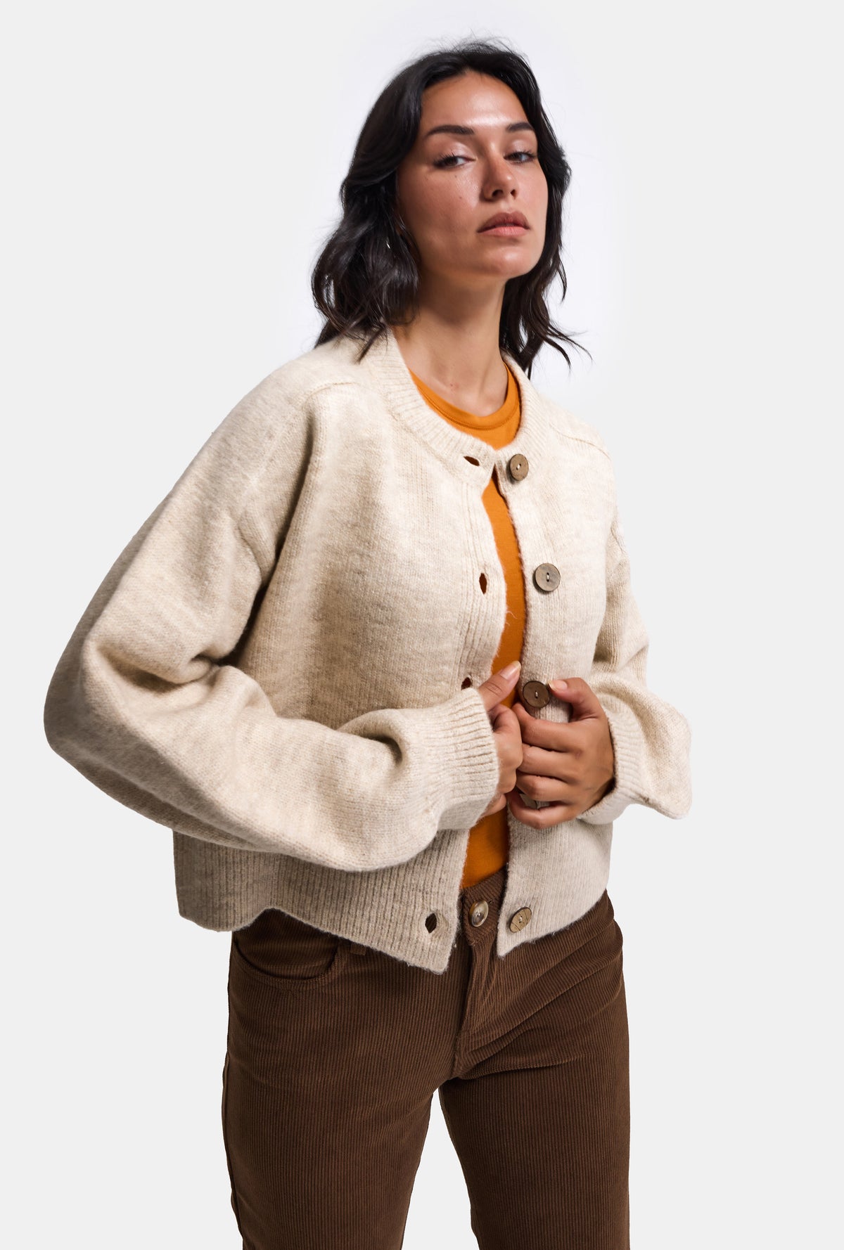 Kadın Bej w6-57 Oversize Düğmeli Kazak Hırka