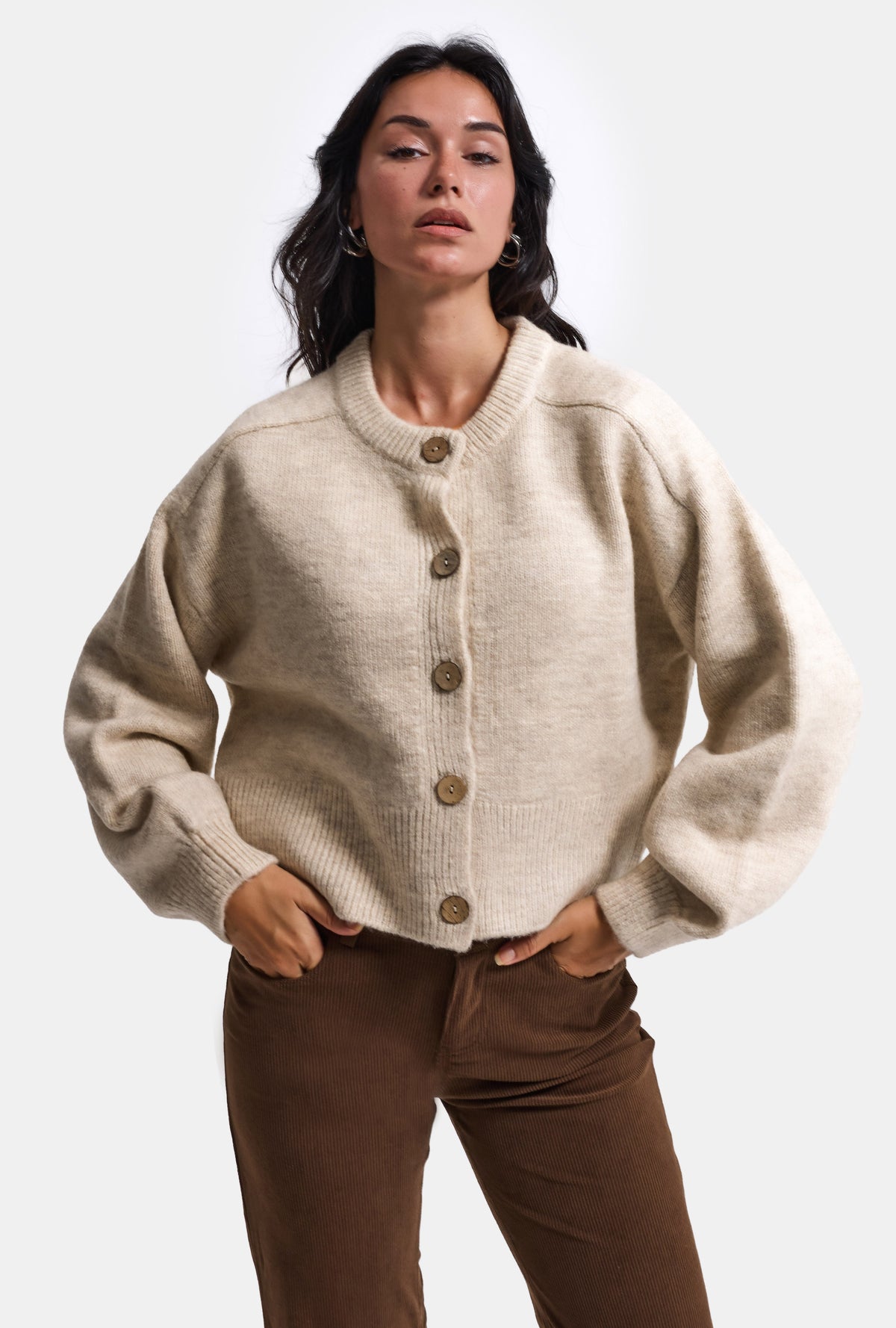 Kadın Bej w6-57 Oversize Düğmeli Kazak Hırka