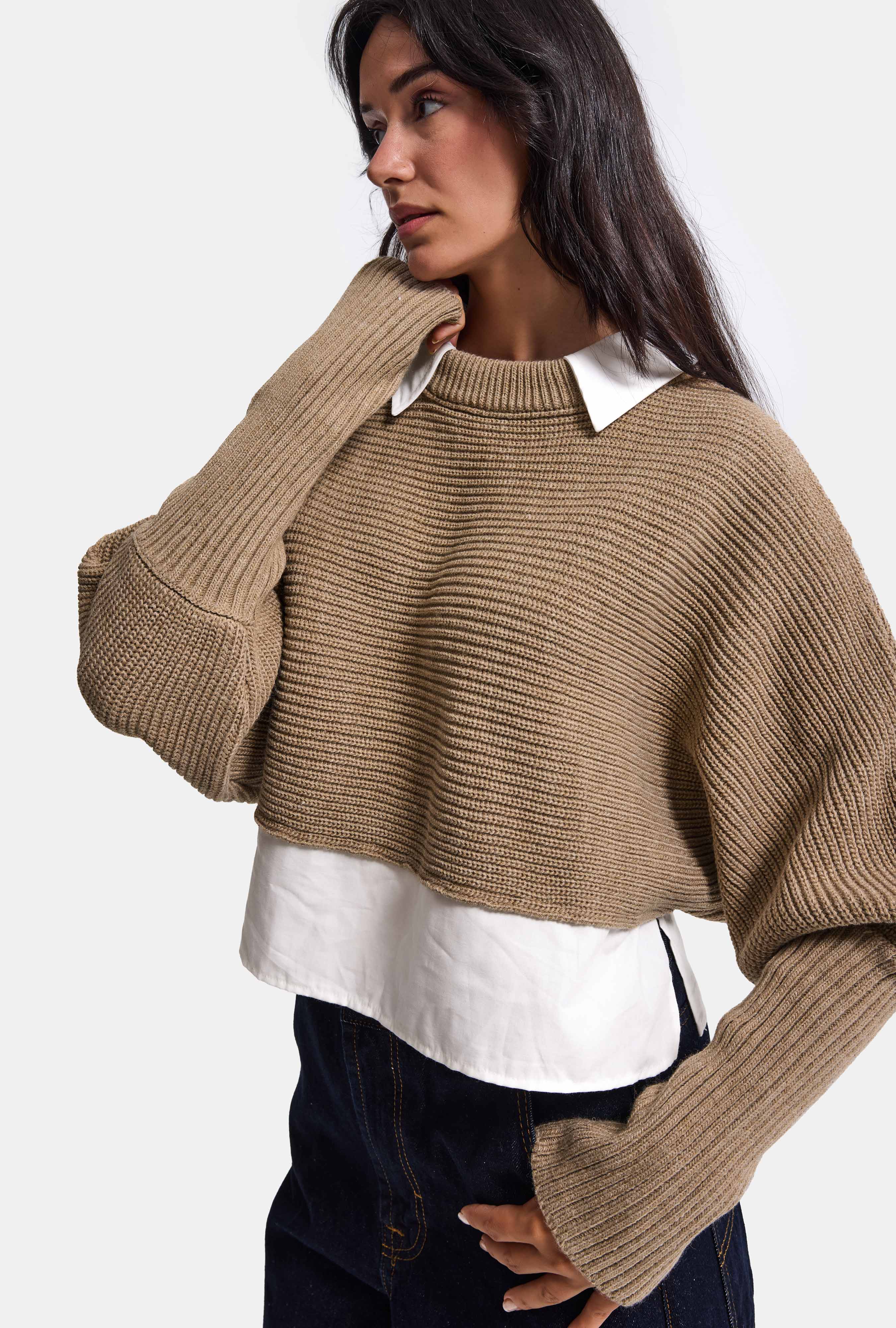 Kadın Bej w6-57 Oversize Tek Parça Gömlek Yaka Detaylı Tasarım Triko Kazak