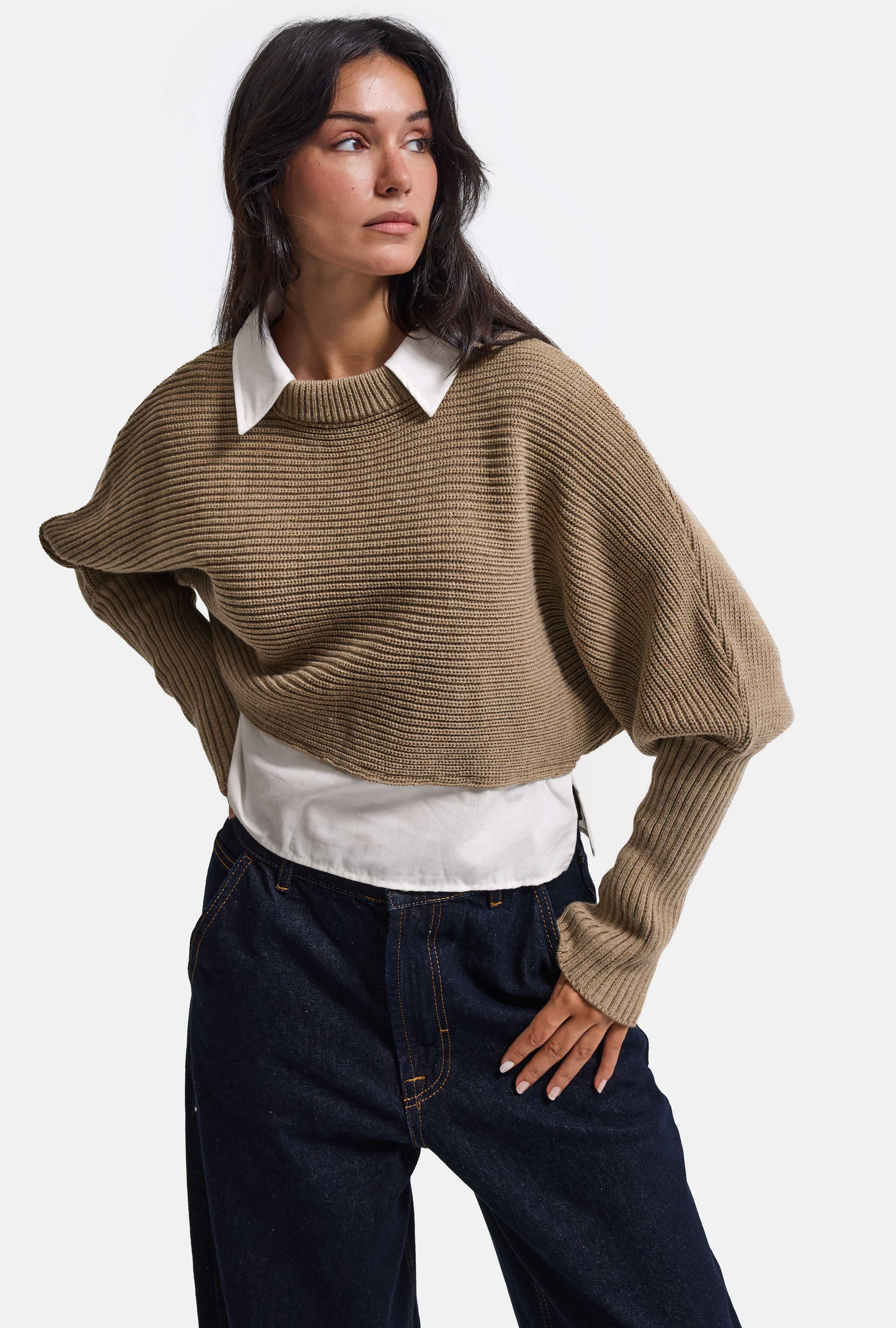 Kadın Bej w6-57 Oversize Tek Parça Gömlek Yaka Detaylı Tasarım Triko Kazak