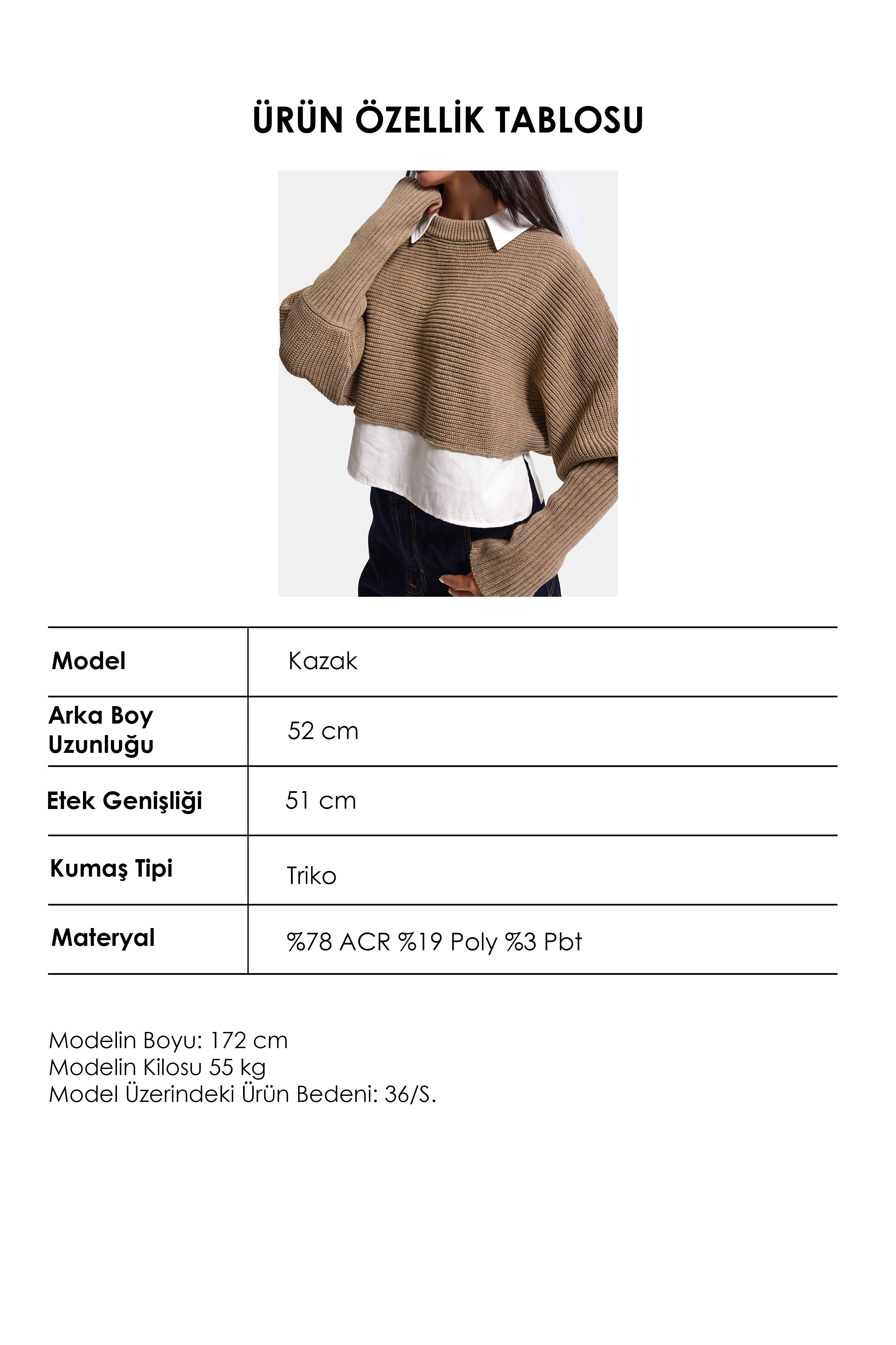 Kadın Bej w6-57 Oversize Tek Parça Gömlek Yaka Detaylı Tasarım Triko Kazak