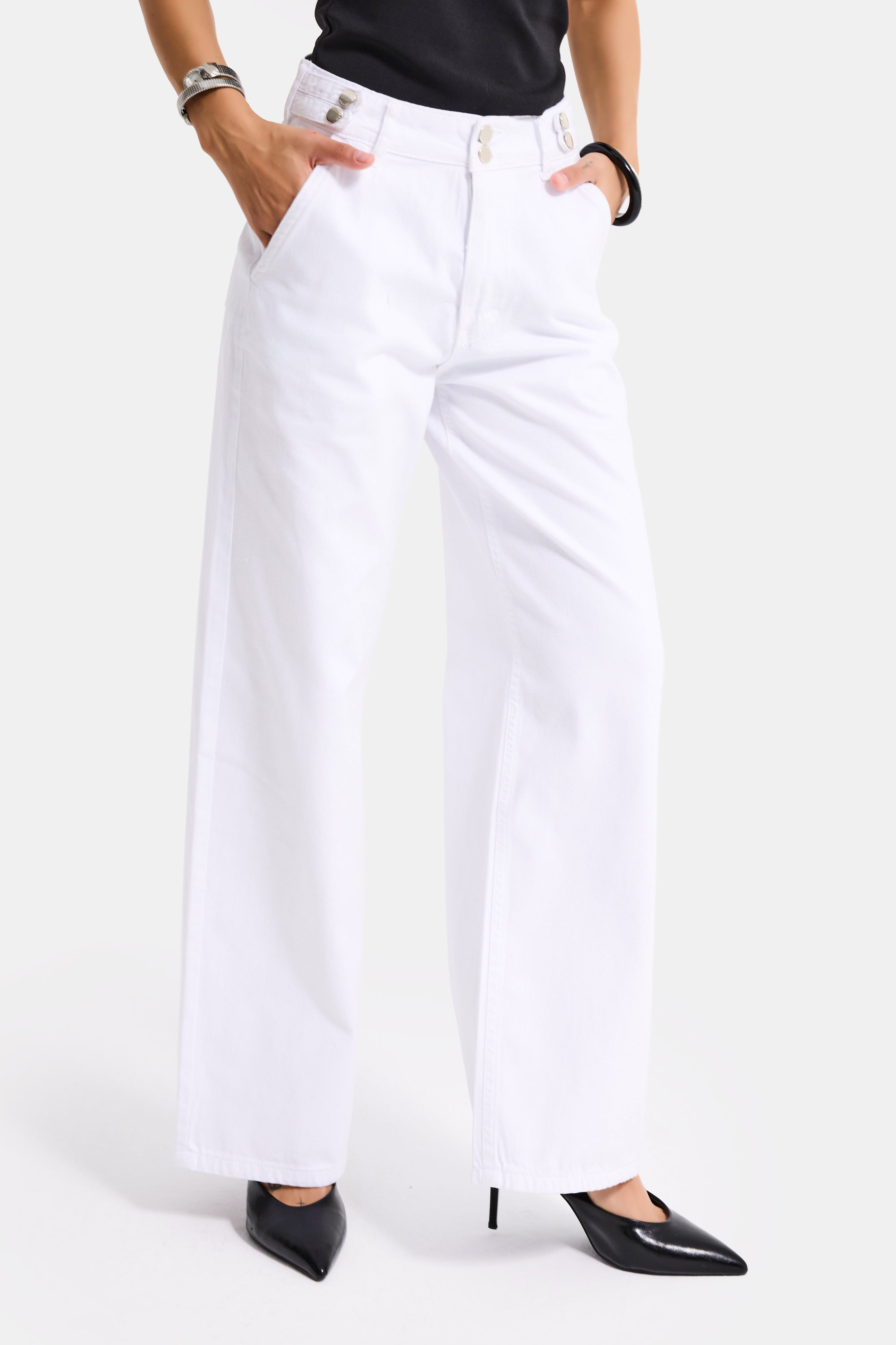 Kadın Beyaz 5s6-2 Wide Leg Kemer Detaylı Denim Jean