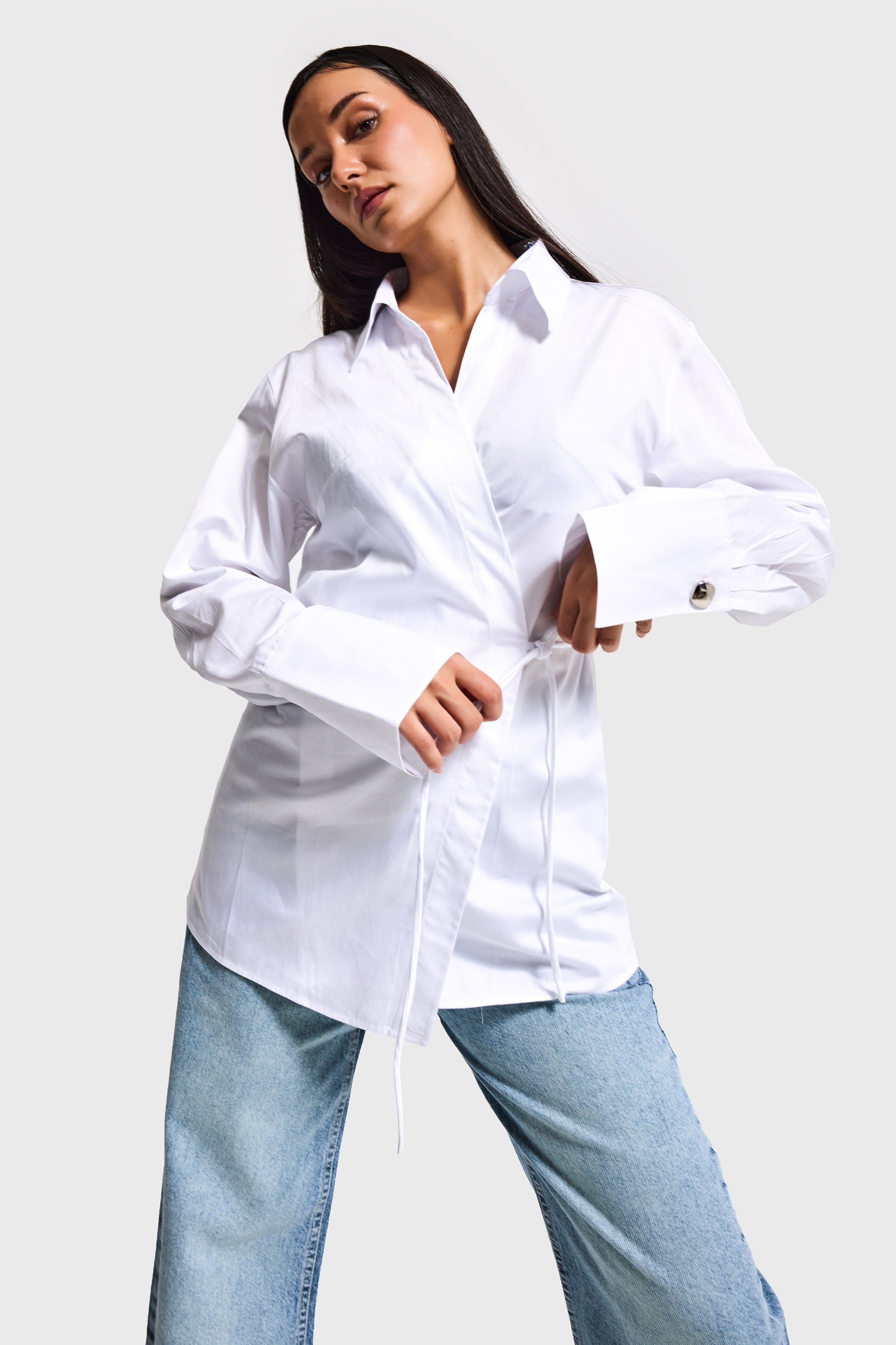 Kadın Beyaz Kimona Stil Bağlamalı Tasarım Gömlek