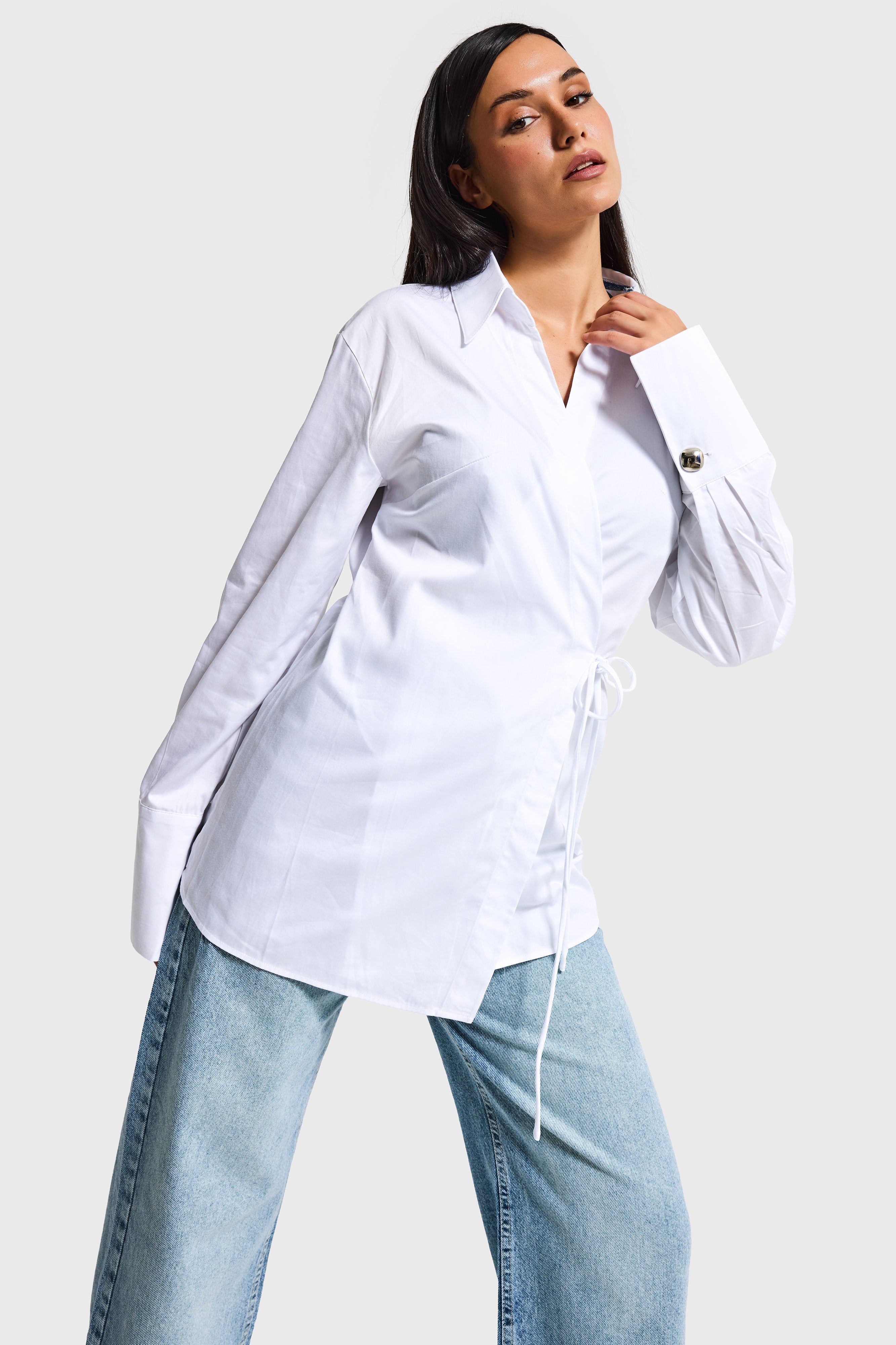 Kadın Beyaz Kimona Stil Bağlamalı Tasarım Gömlek