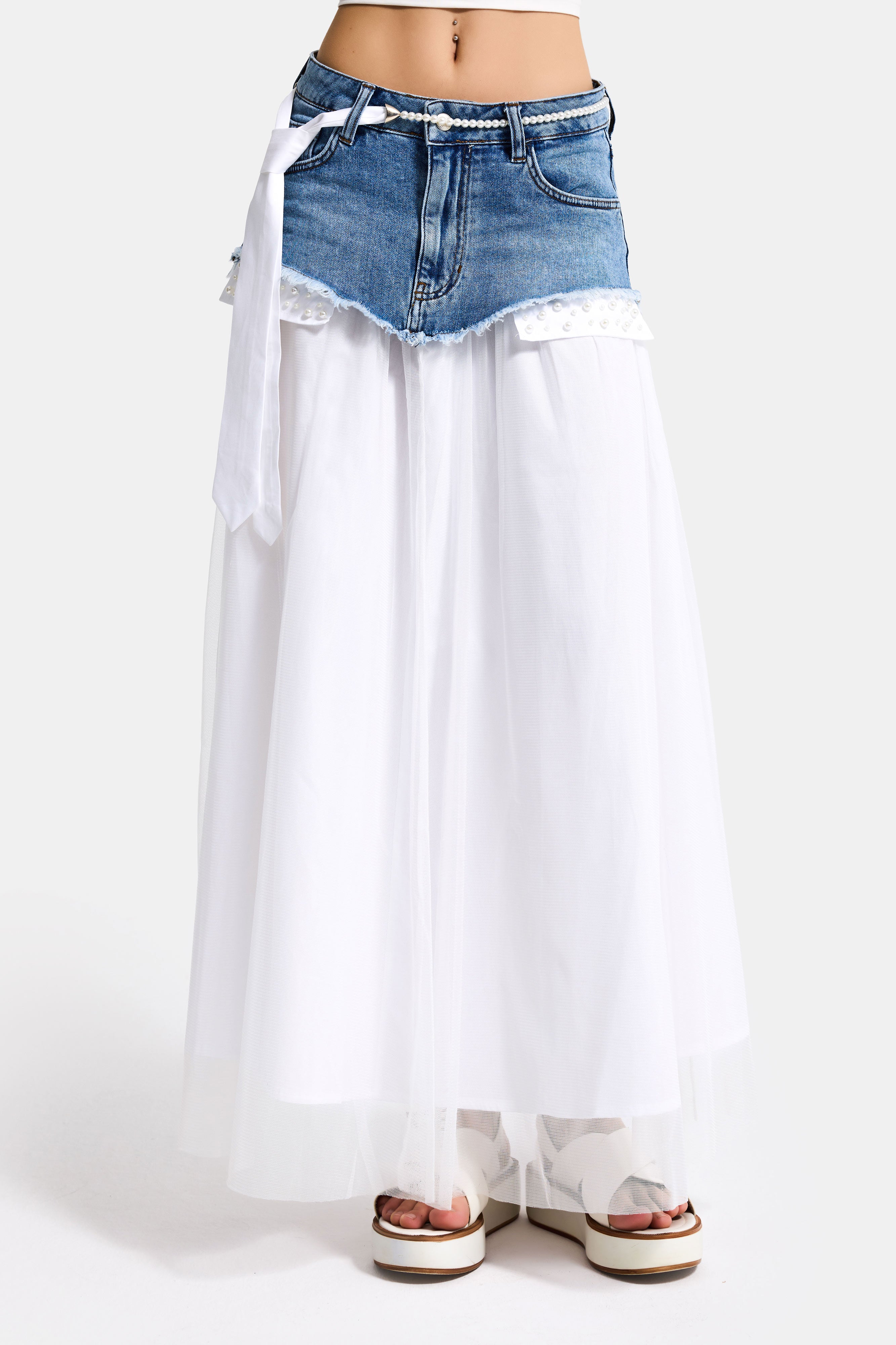 Kadın Beyaz Kot Rengi Maxi Boy Kravat Detaylı Özel Tasarım Etek