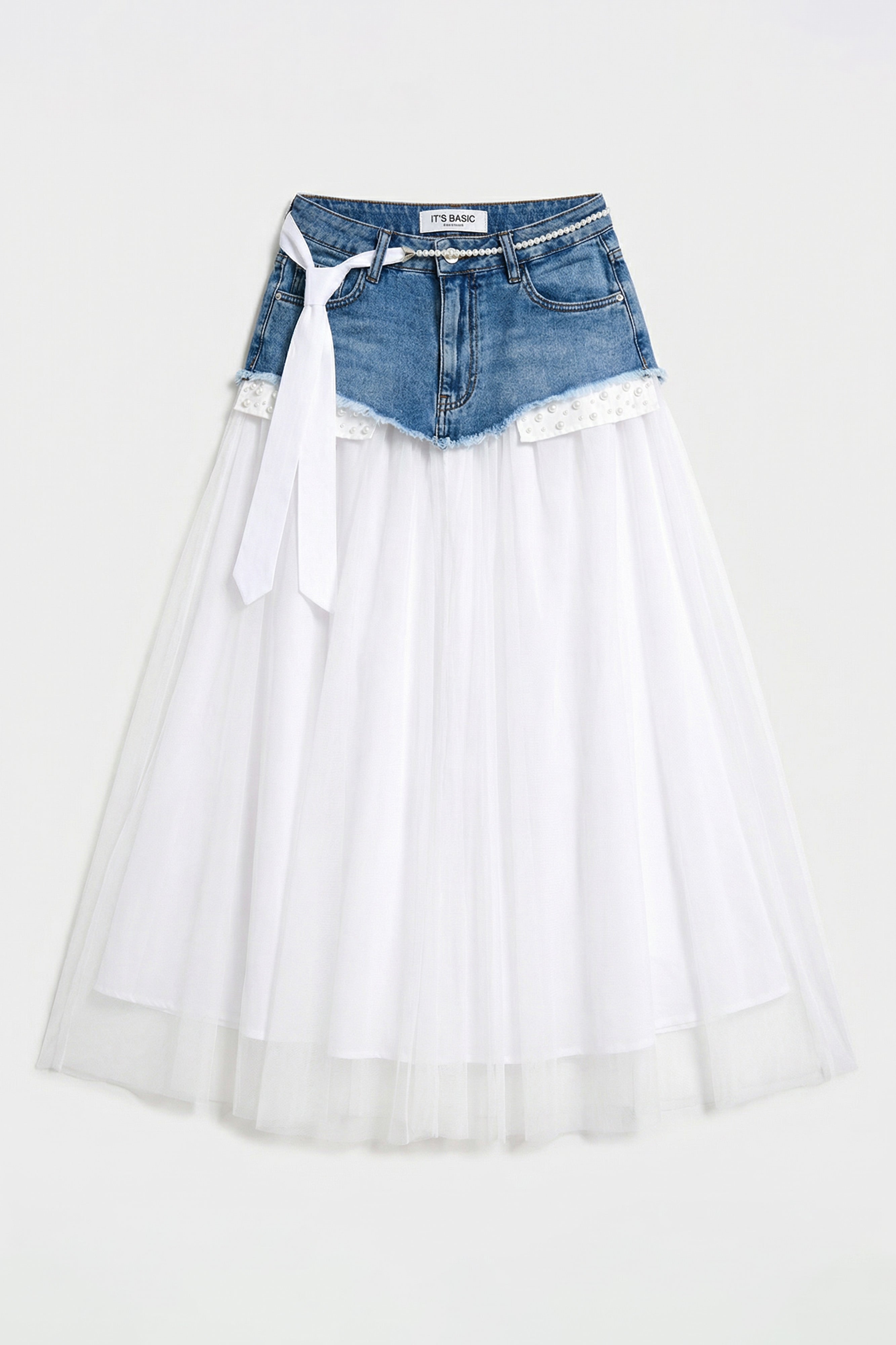 Kadın Beyaz Kot Rengi Maxi Boy Kravat Detaylı Özel Tasarım Etek