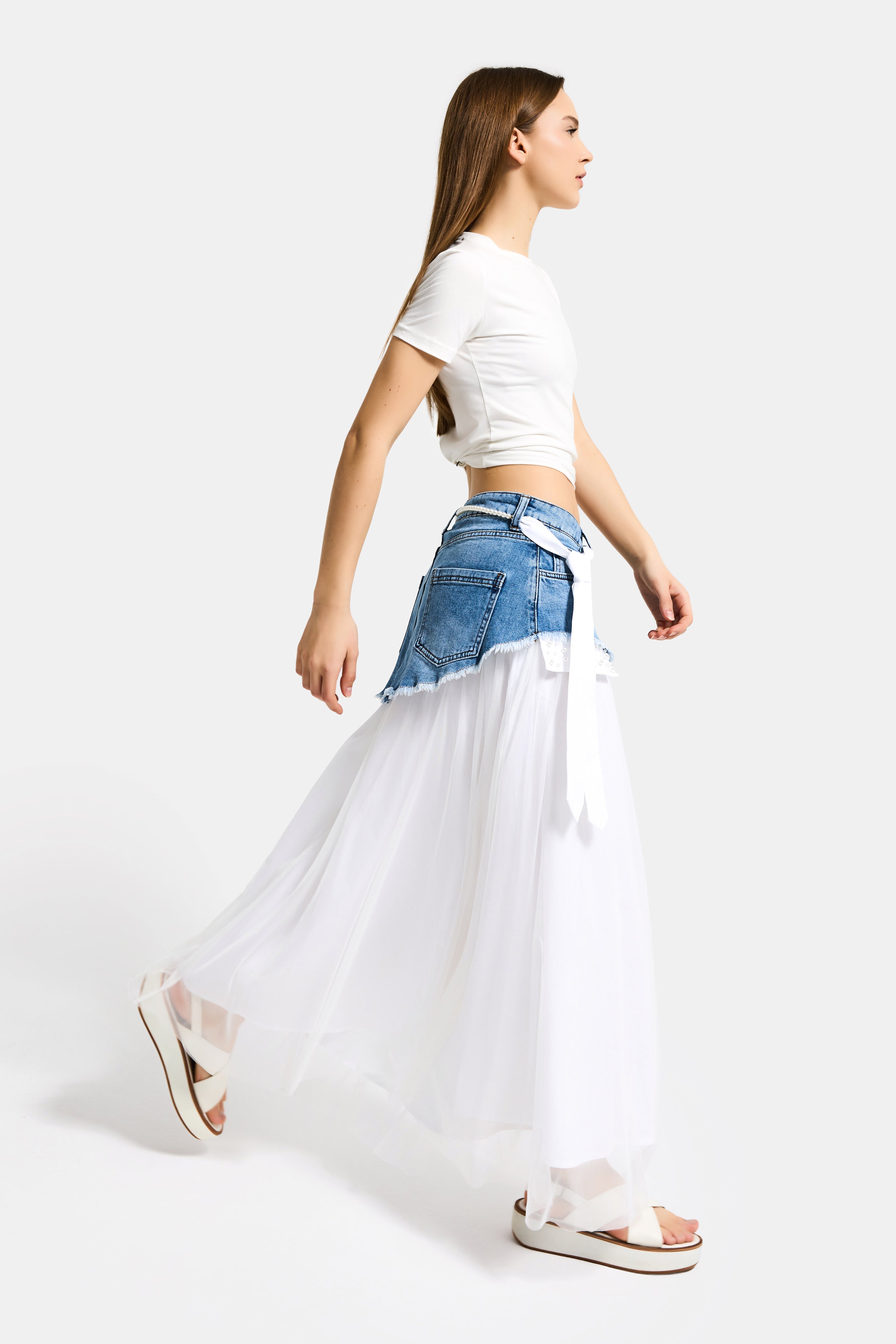 Kadın Beyaz Kot Rengi Maxi Boy Kravat Detaylı Özel Tasarım Etek