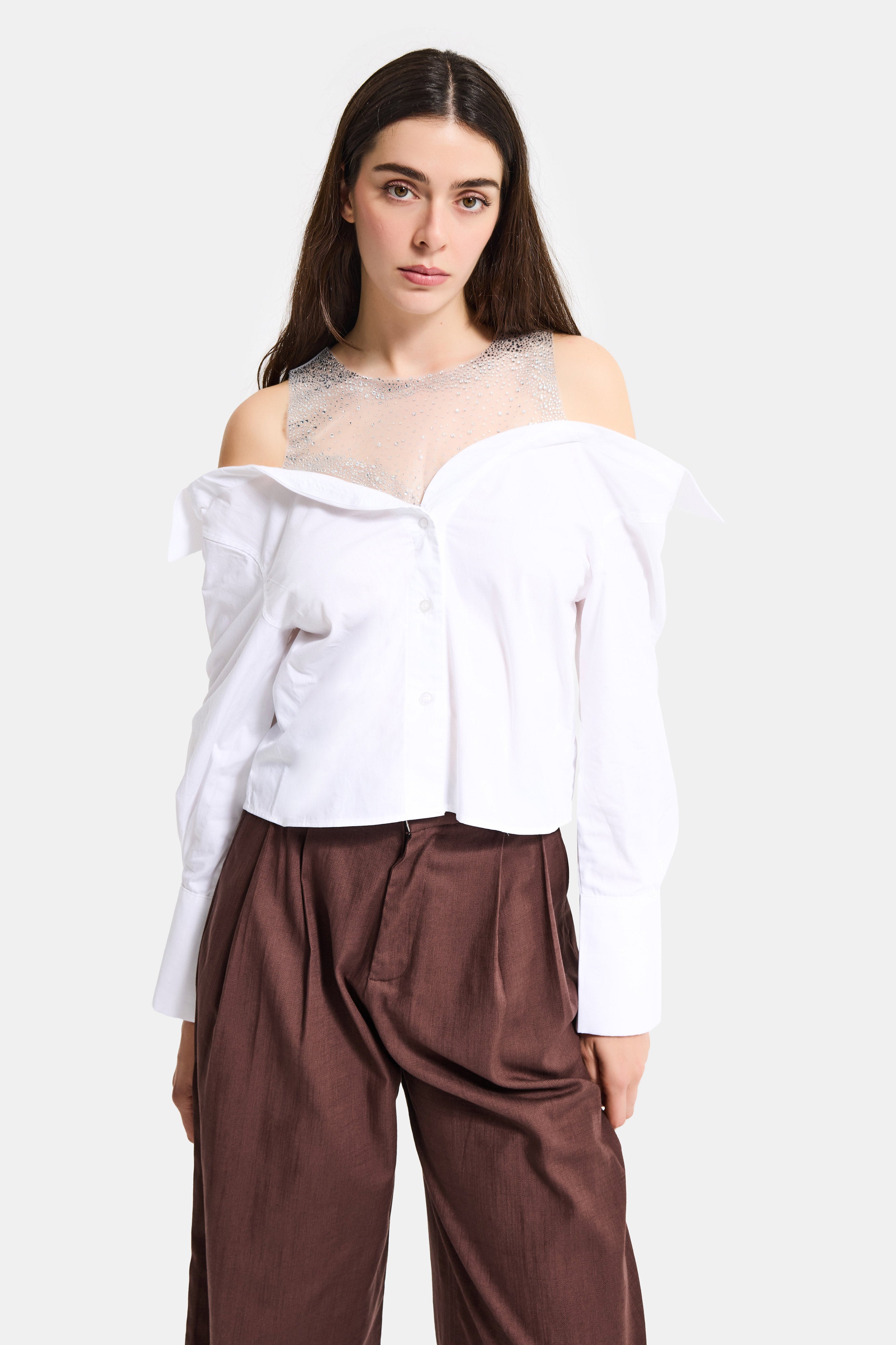 Kadın Beyaz Oversize Tül Dantelli Özel Tasarım Gömlek