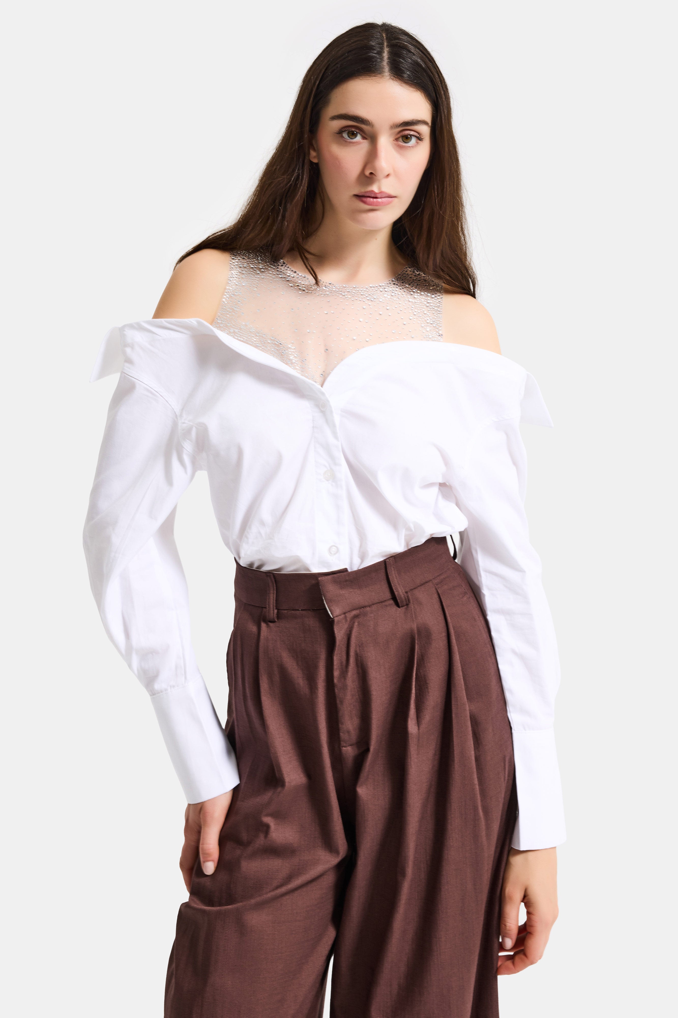 Kadın Beyaz Oversize Tül Dantelli Özel Tasarım Gömlek