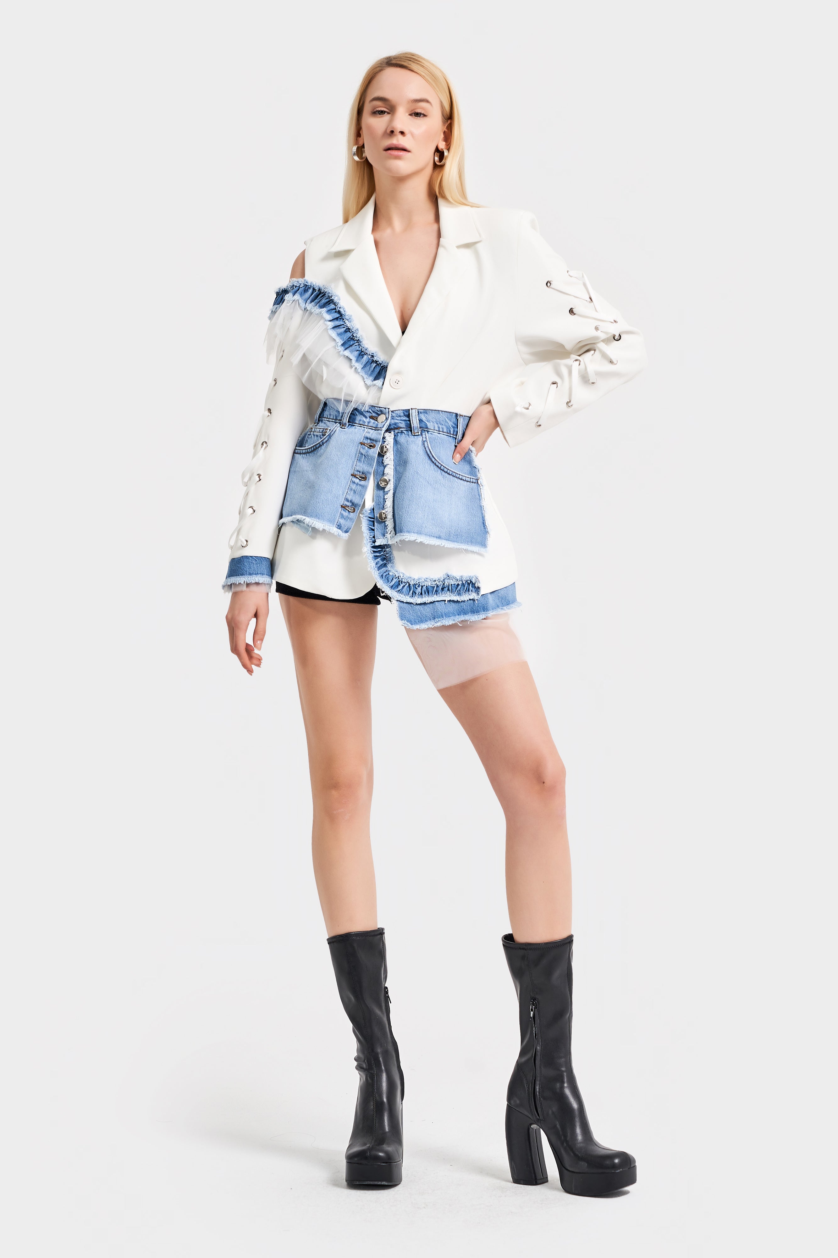 Women's White Color Denim Blend Design Jacket Dress