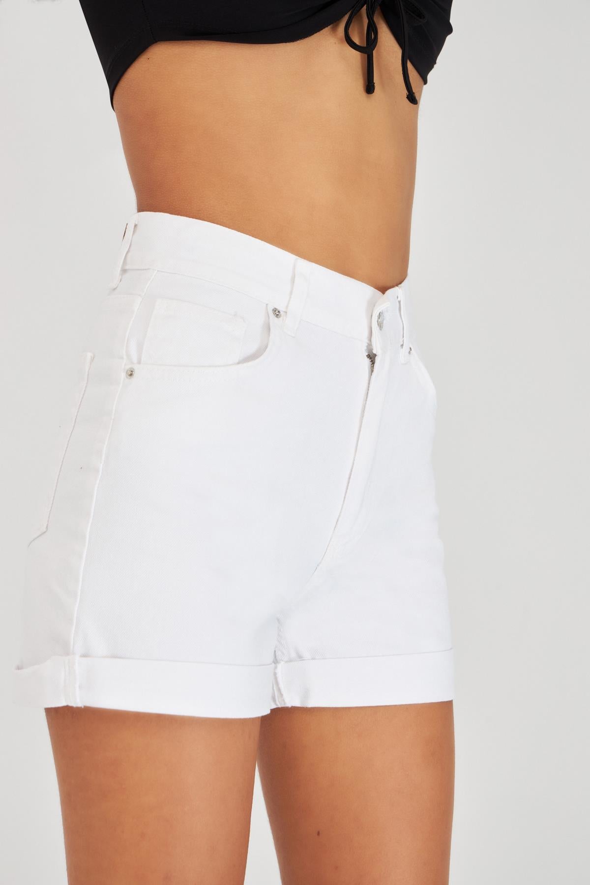 Women's White Color Double Leg High Waist Jean Shorts