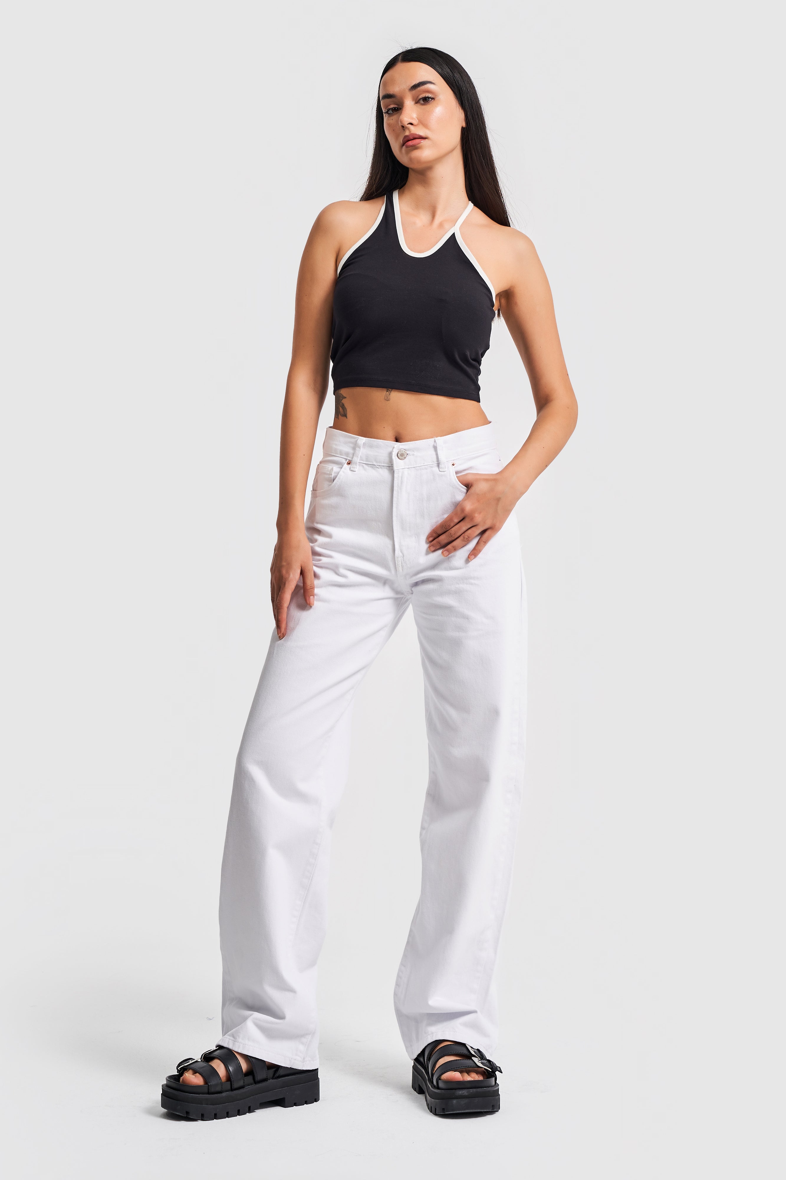 Women's White Color Loose Fit Mid Waist Denim Trousers