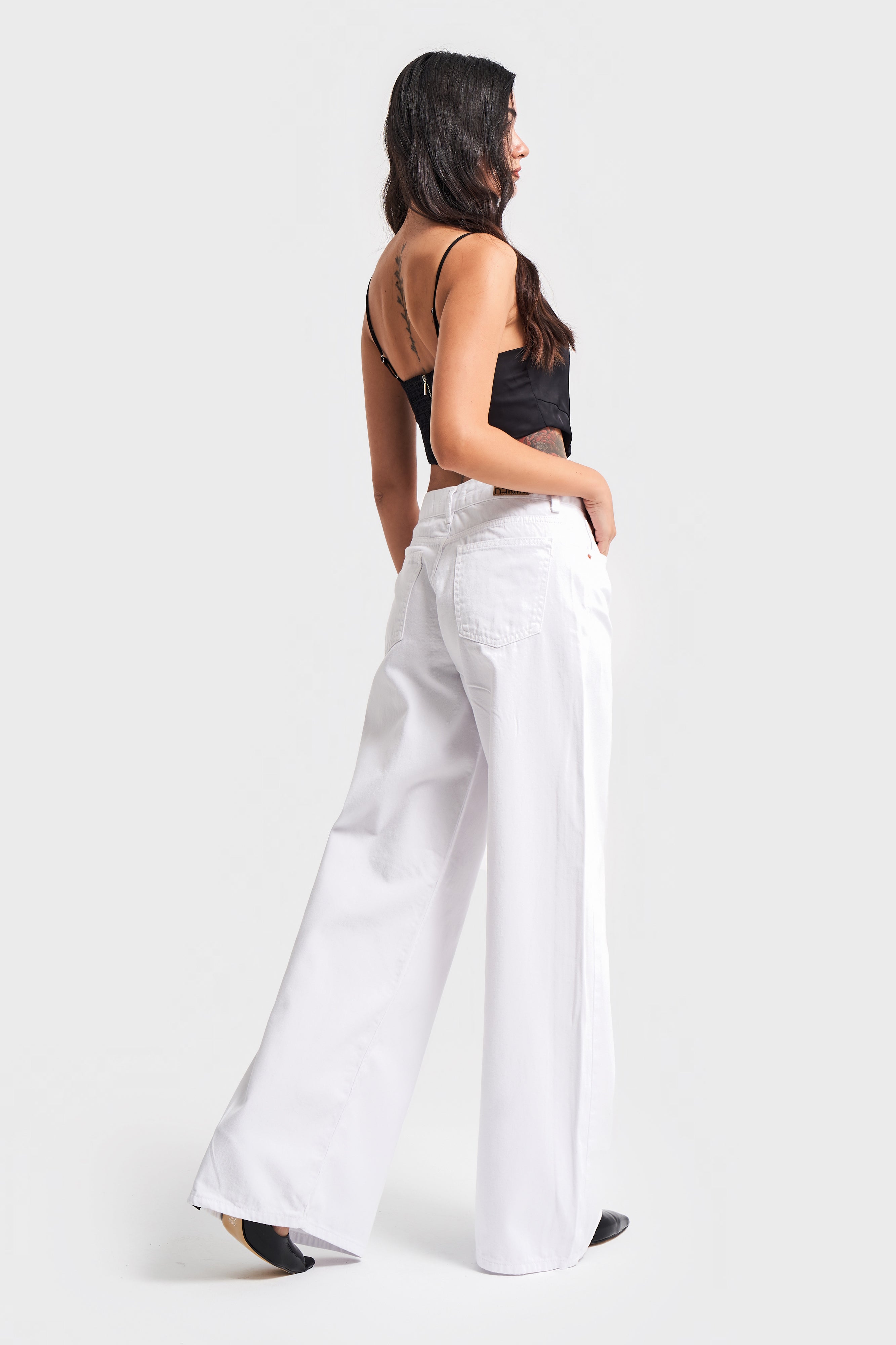 Women's White Color Palazzo Fit Loose Cut Denim Trousers