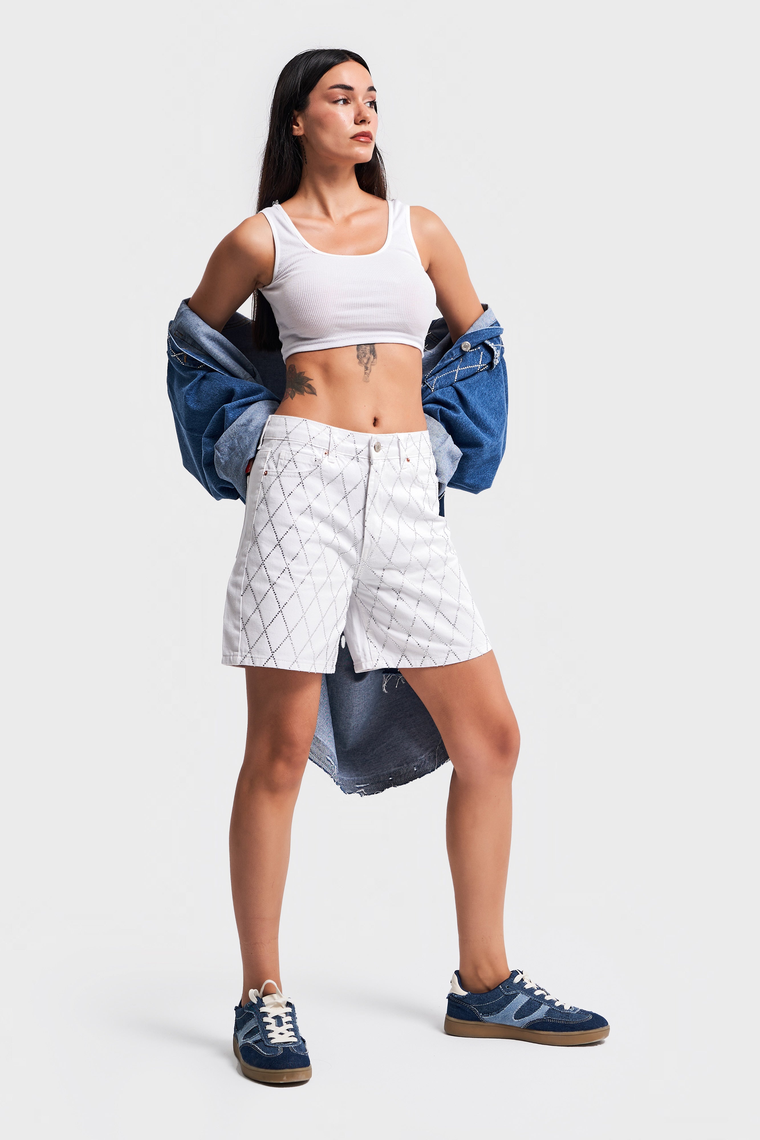 Women's White Color Shiny Stone Mom Fit Mid Length Denim Shorts