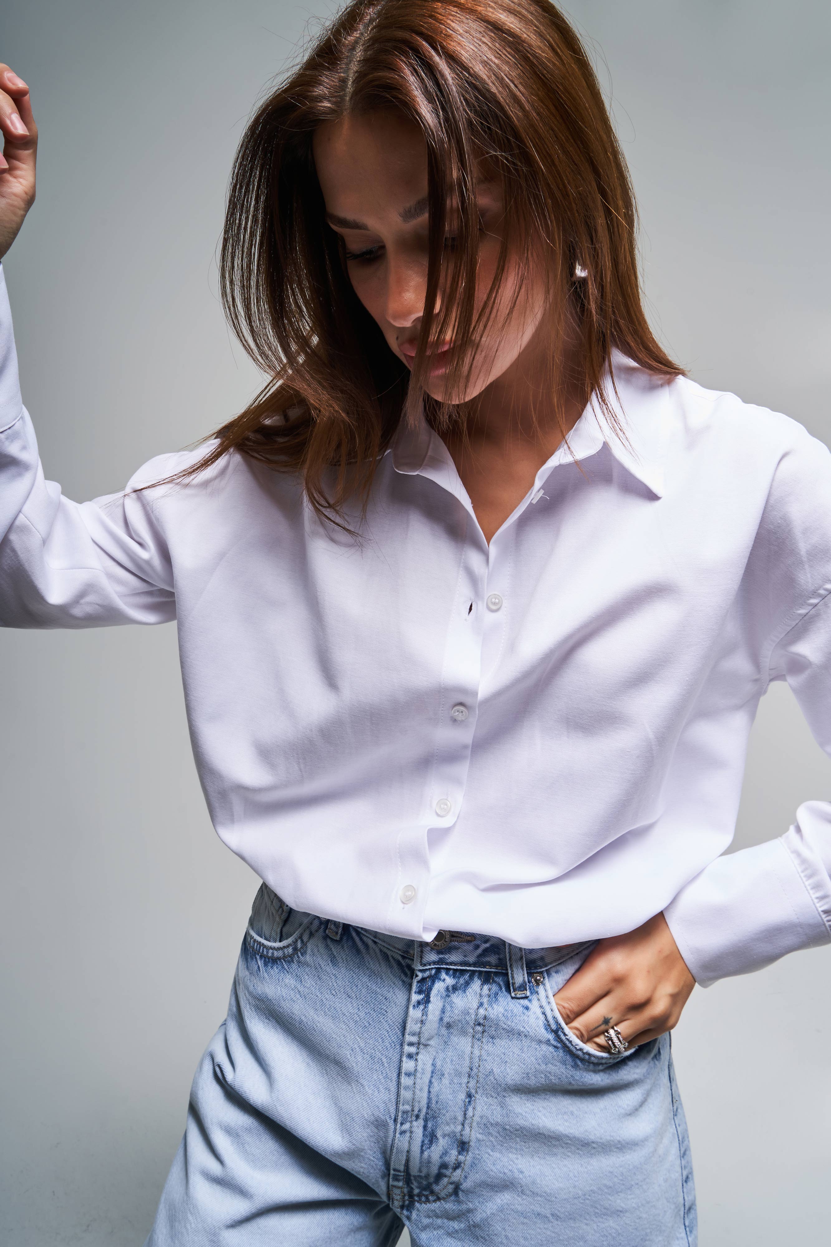 Kadın Beyaz Renk s5-2 %100 Pamuk Oversize Gömlek