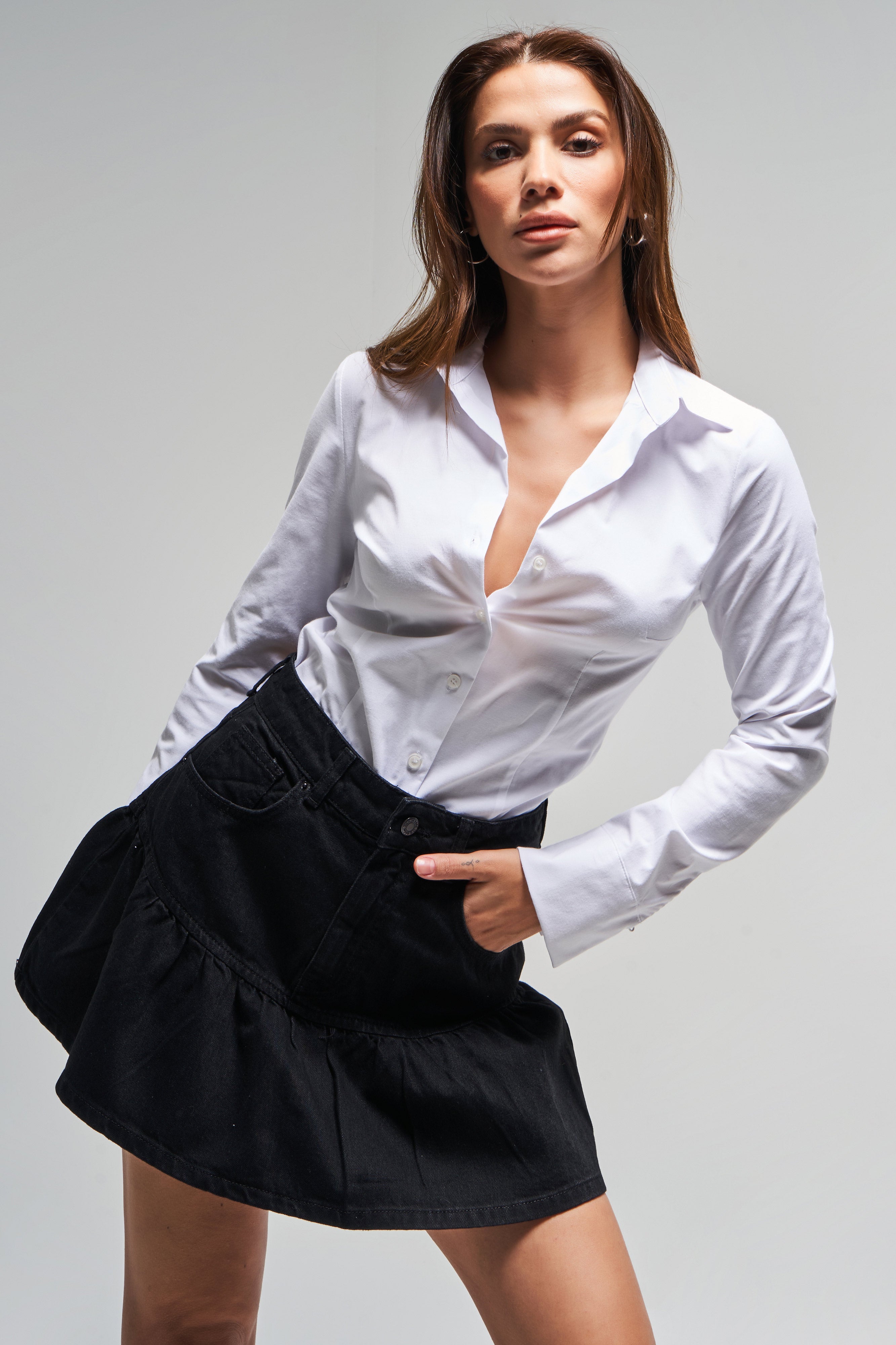 Kadın Beyaz Renk S5-2 Esnek Kumaş Slim Fit Belden Oturmalı %100 Pamuk Gömlek