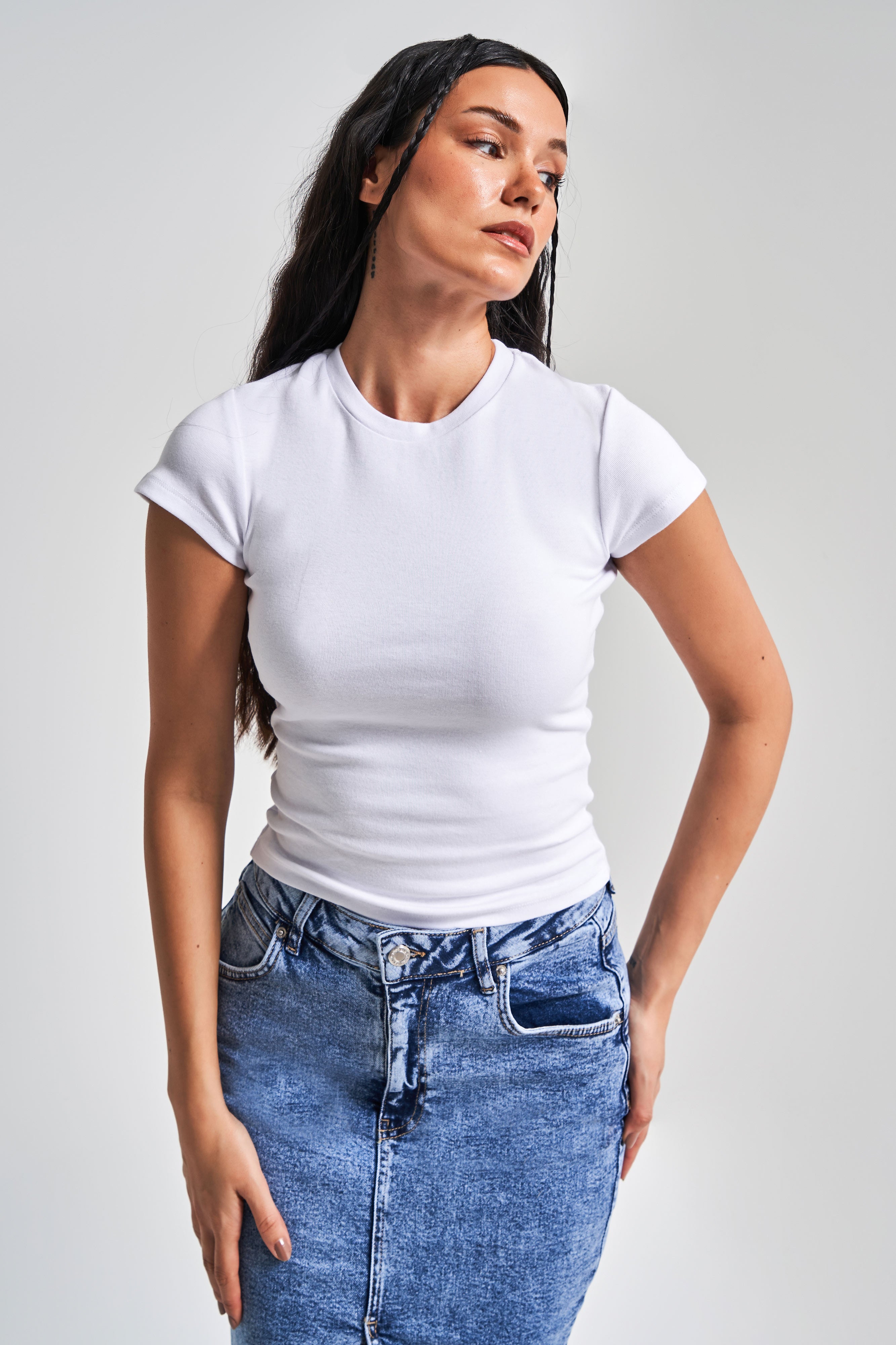 Kadın Beyaz Renk s5-2 Süper Esnek Kumaş %100 Pamuk Bisiklet Yaka Basic Body