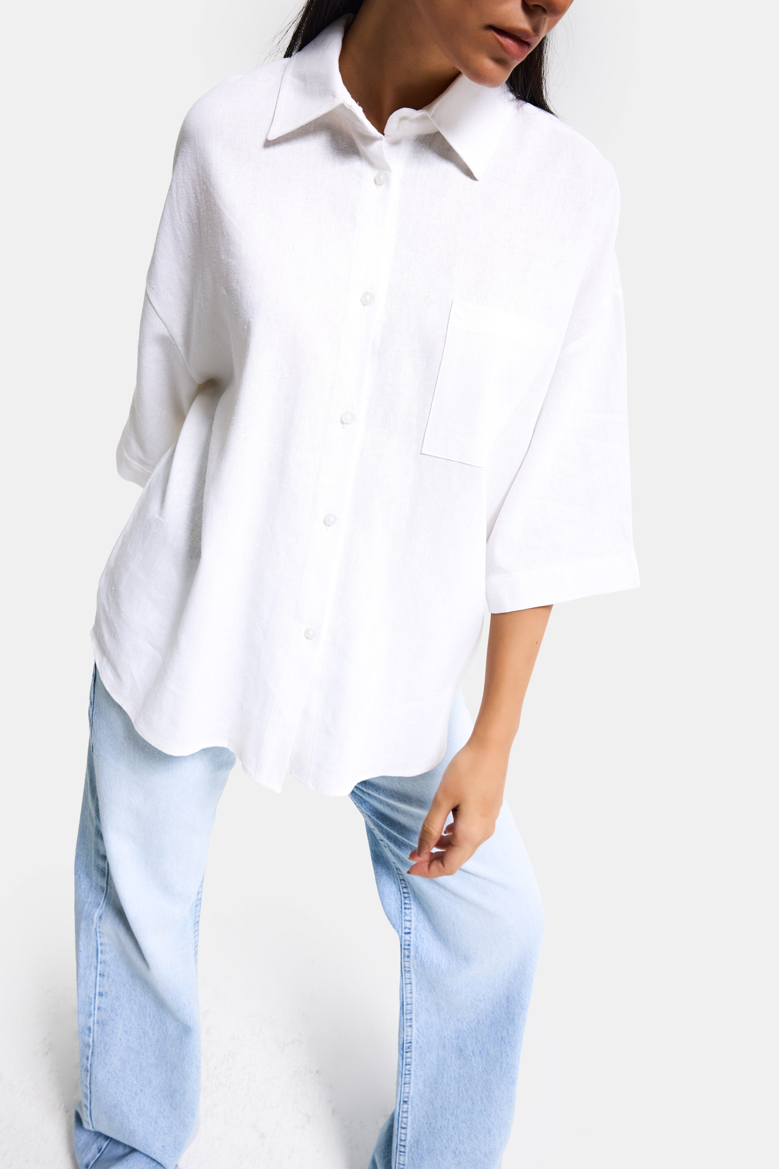 Kadın Beyaz Renk s6-2 %100 Pamuk Oversize Gömlek