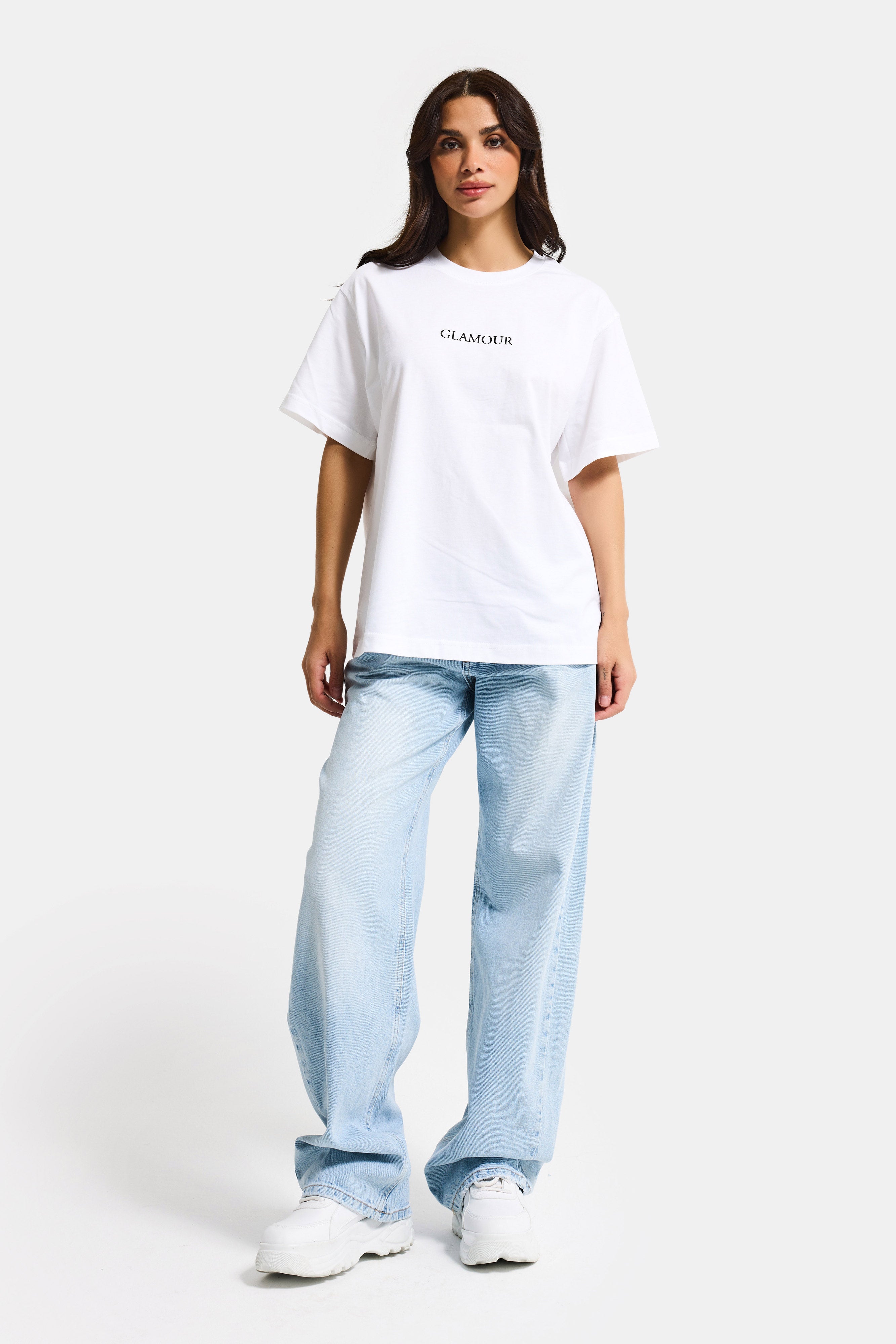 Kadın Beyaz s6-127 Oversize Glamour Baskılı %100 Koton T-Shirt