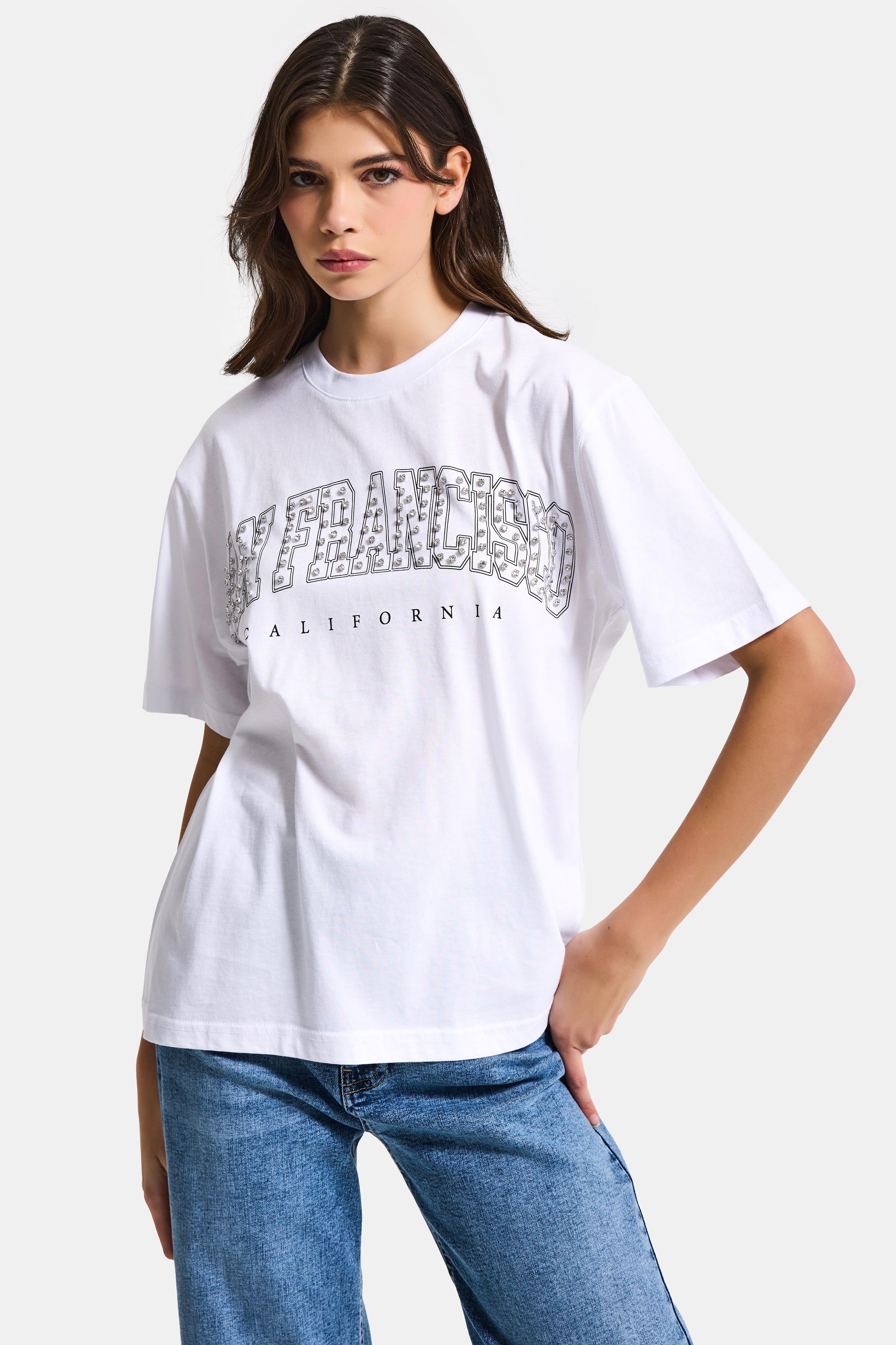 Kadın Beyaz s6-2 Oversize Özel Parlak Taşlı Sloganlı Bol Kesim T-shirt