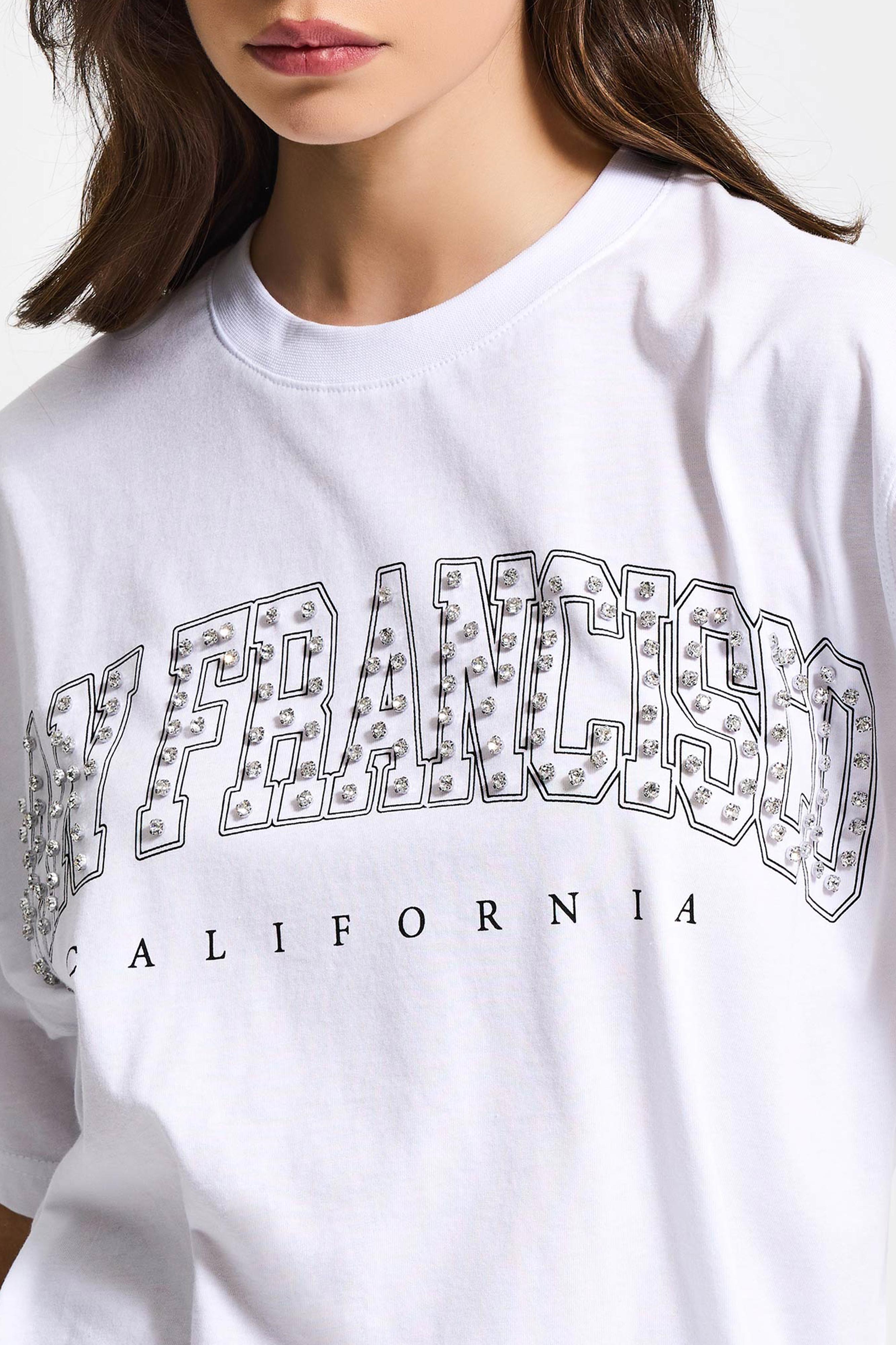 Kadın Beyaz s6-2 Oversize Özel Parlak Taşlı Sloganlı Bol Kesim T-shirt