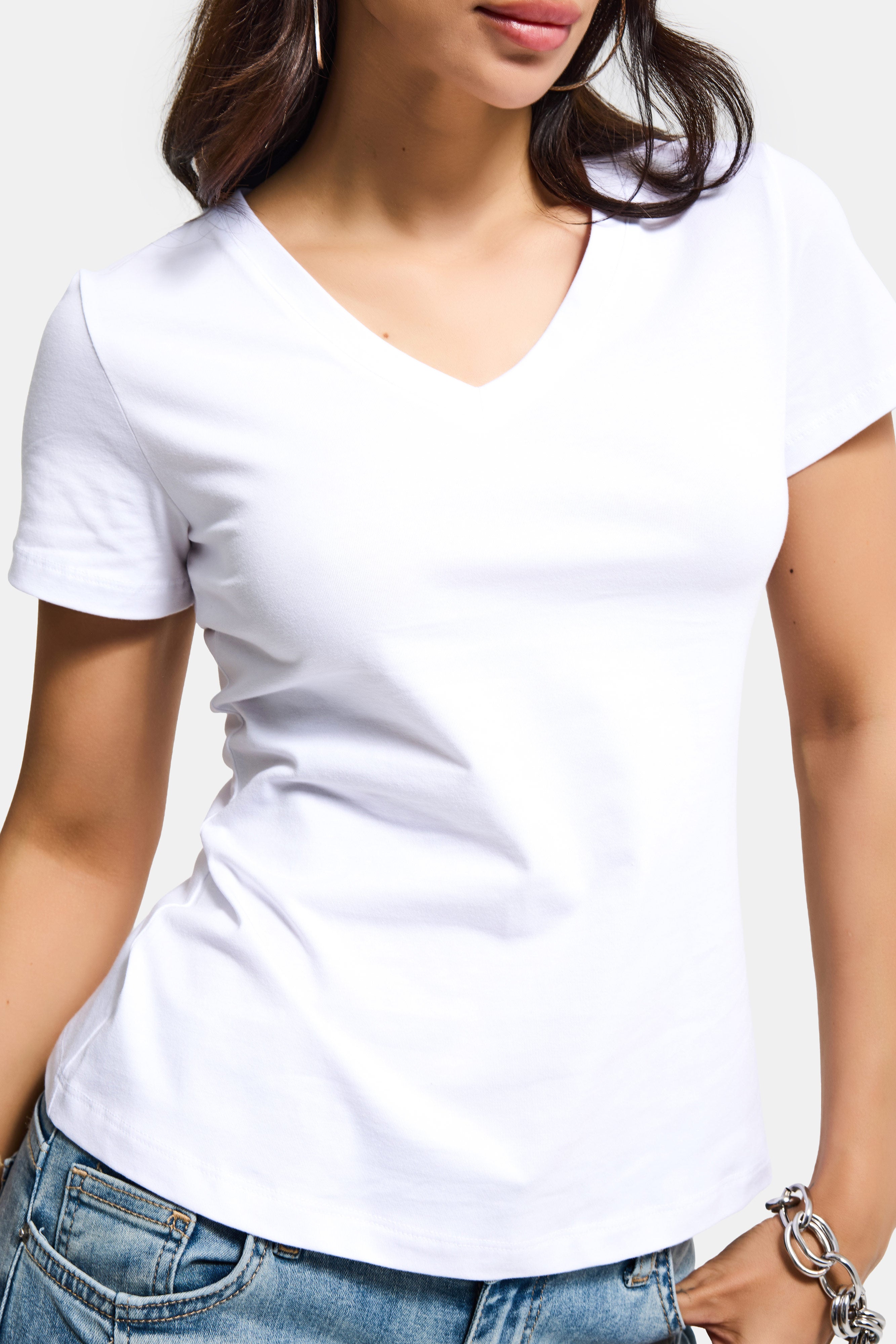 Kadın Beyaz s6-2 V Yaka %100 Organik Pamuk Esnek Kumaş T-Shirt