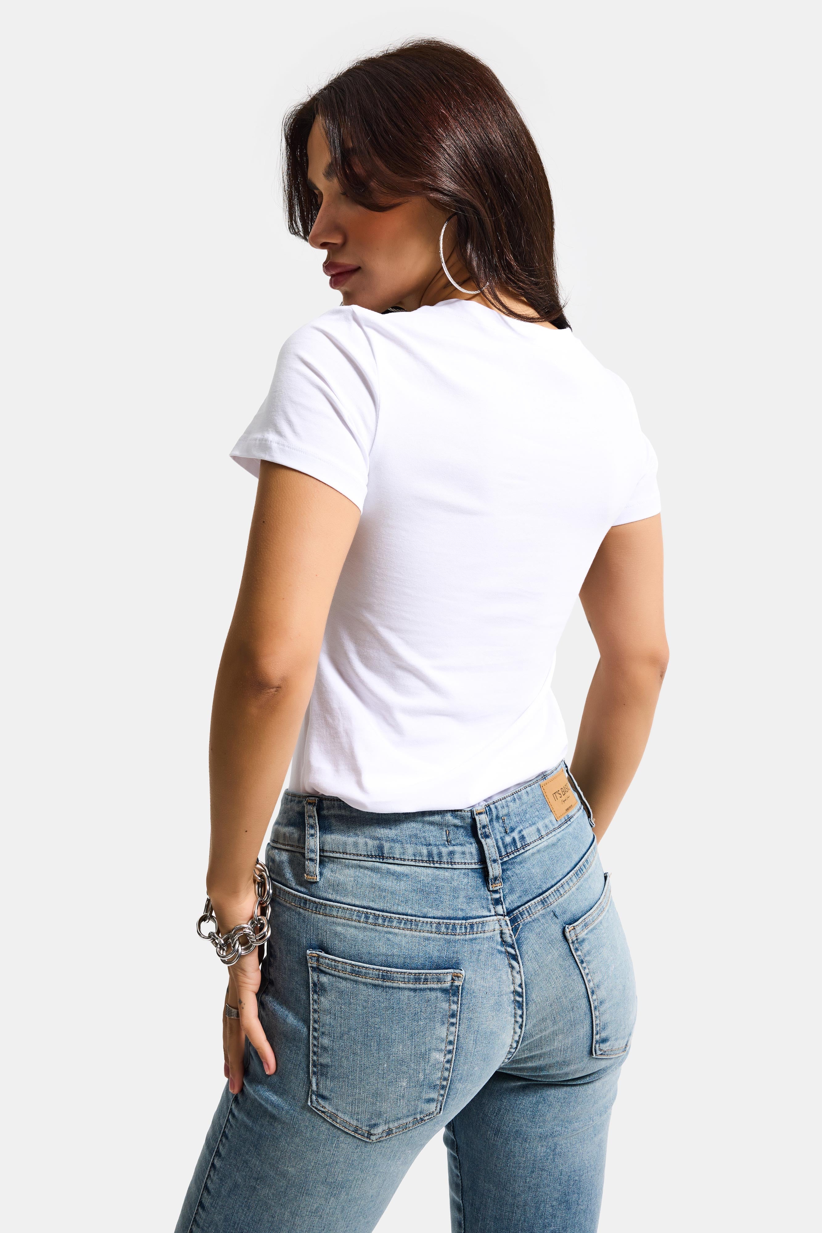 Kadın Beyaz s6-2 V Yaka %100 Organik Pamuk Esnek Kumaş T-Shirt