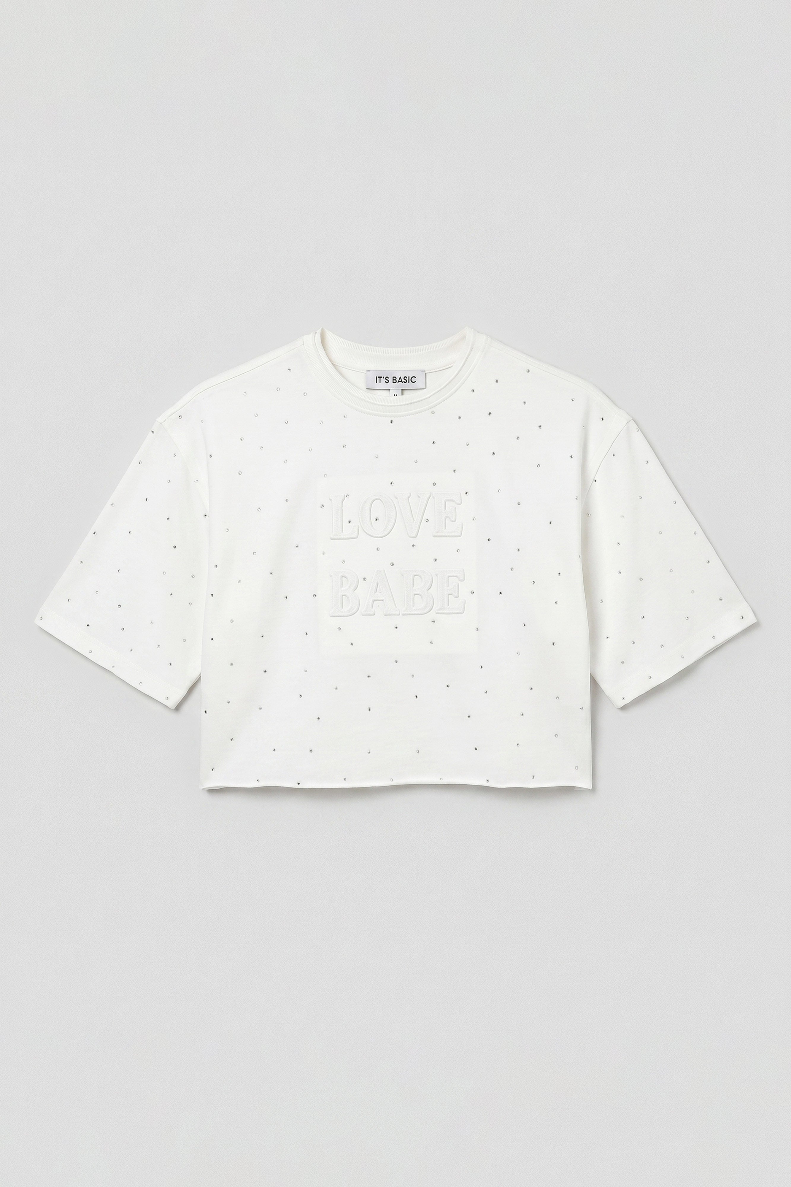 Kadın Beyaz T-s6-101 Crop Parlak Taşlı Özel Tasarım Örme T-Shirt