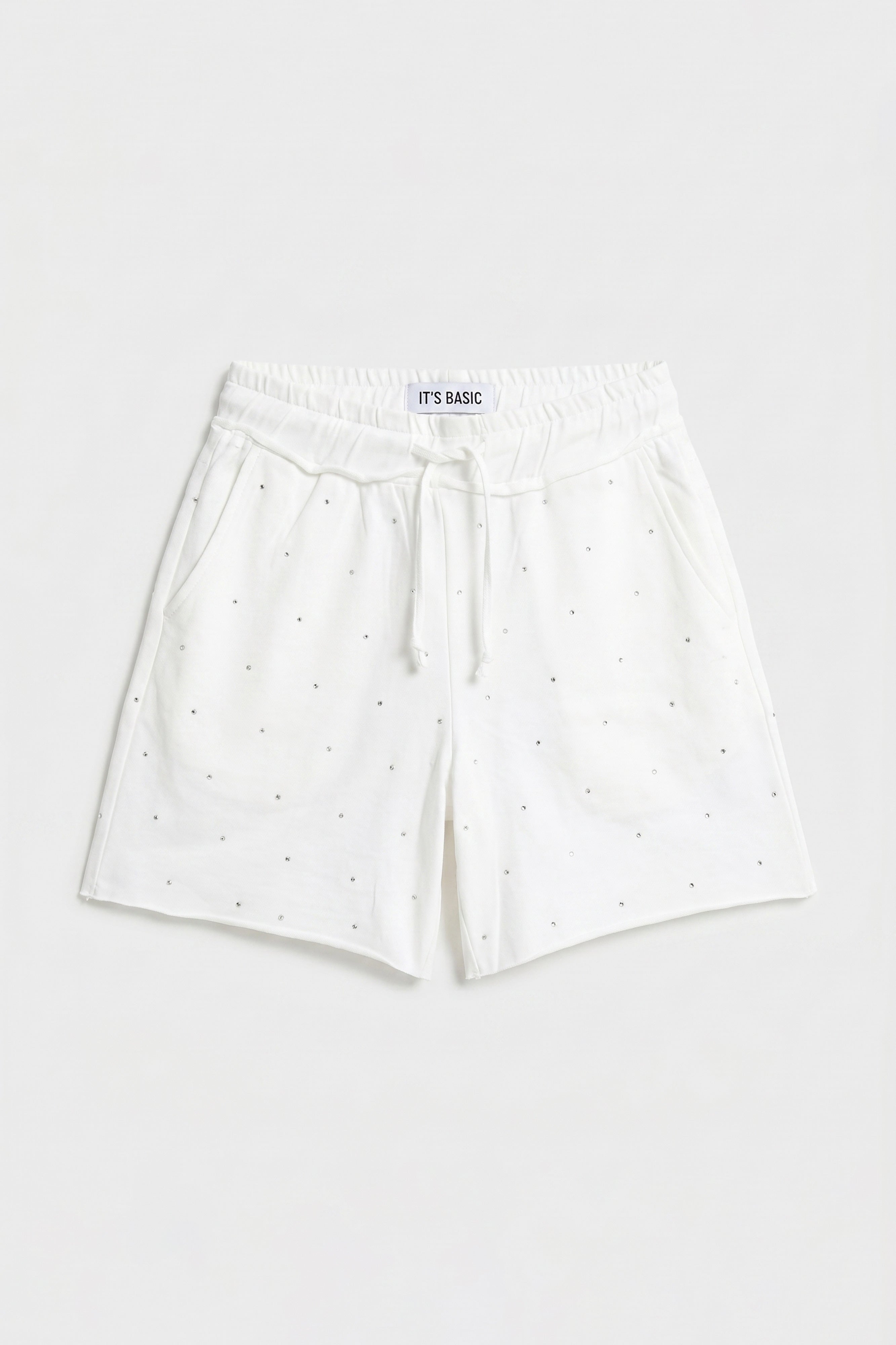 Kadın Beyaz T-s6-101 Relax Fit Parlak Taşlı Özel Tasarım Örme Şort