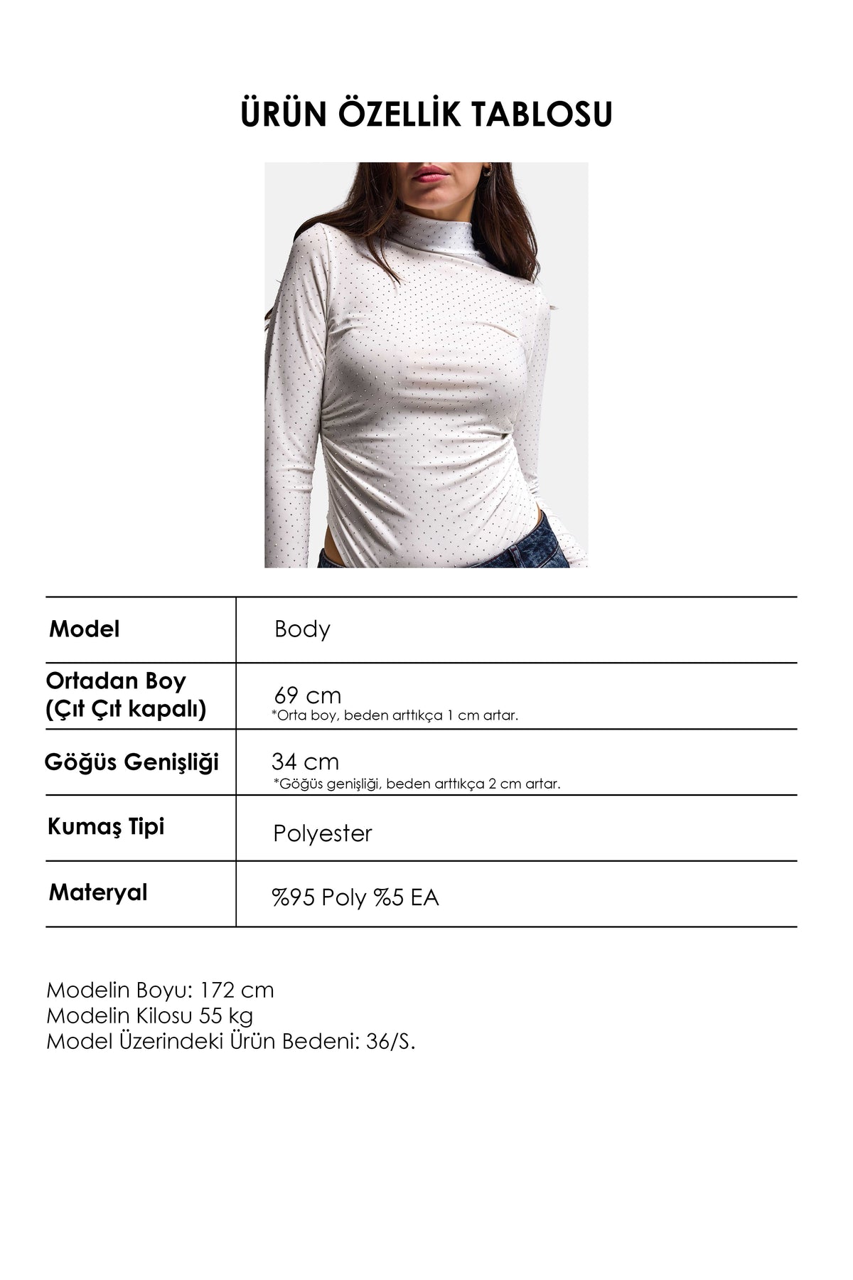 Kadın Beyaz w6-101 Çıt-çıtlı Parlak Taşlı Uzun Kol Esnek Kumaş Tasarım Body