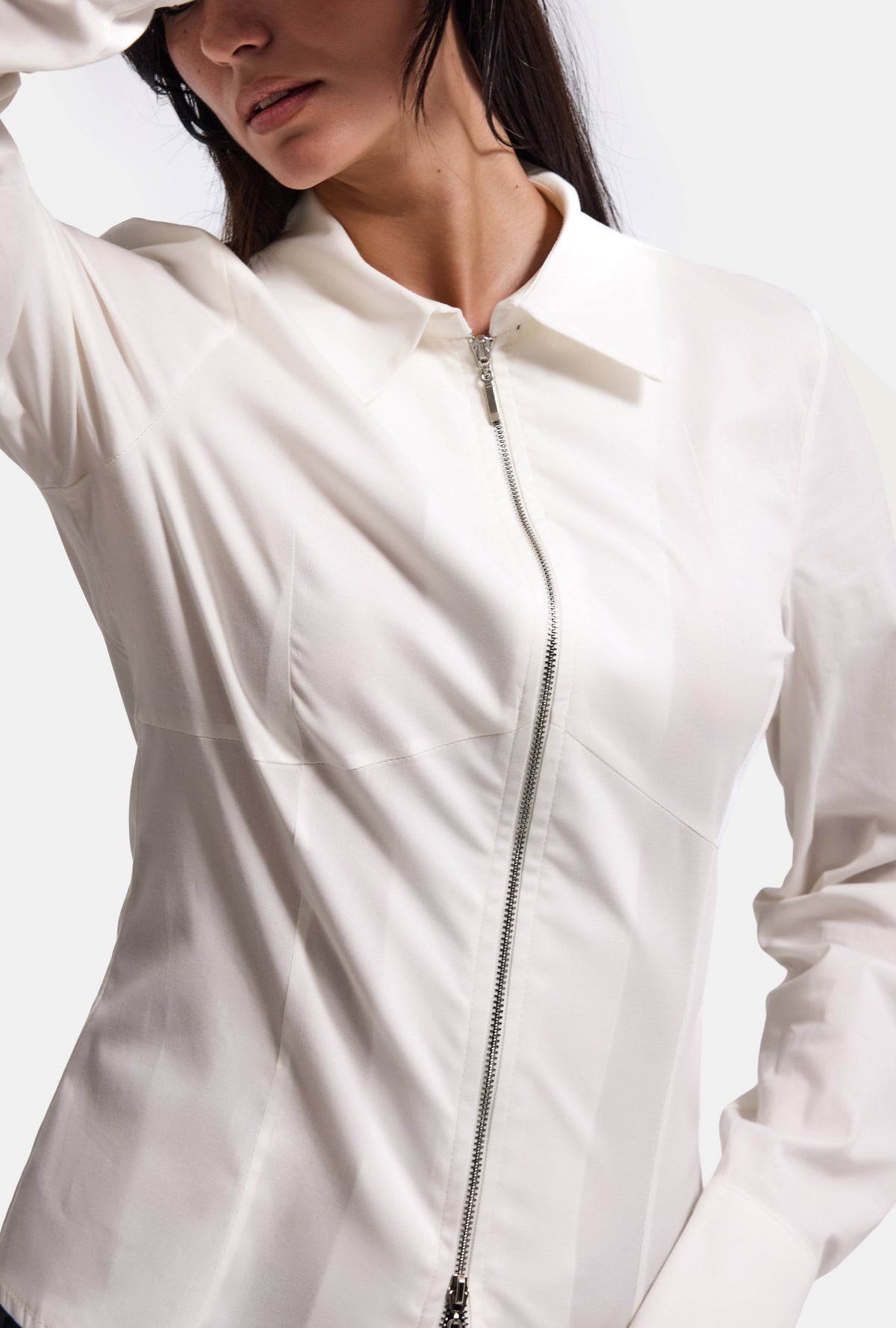 Kadın Beyaz w6-2 Slim Fit Fermuar Detaylı Gömlek