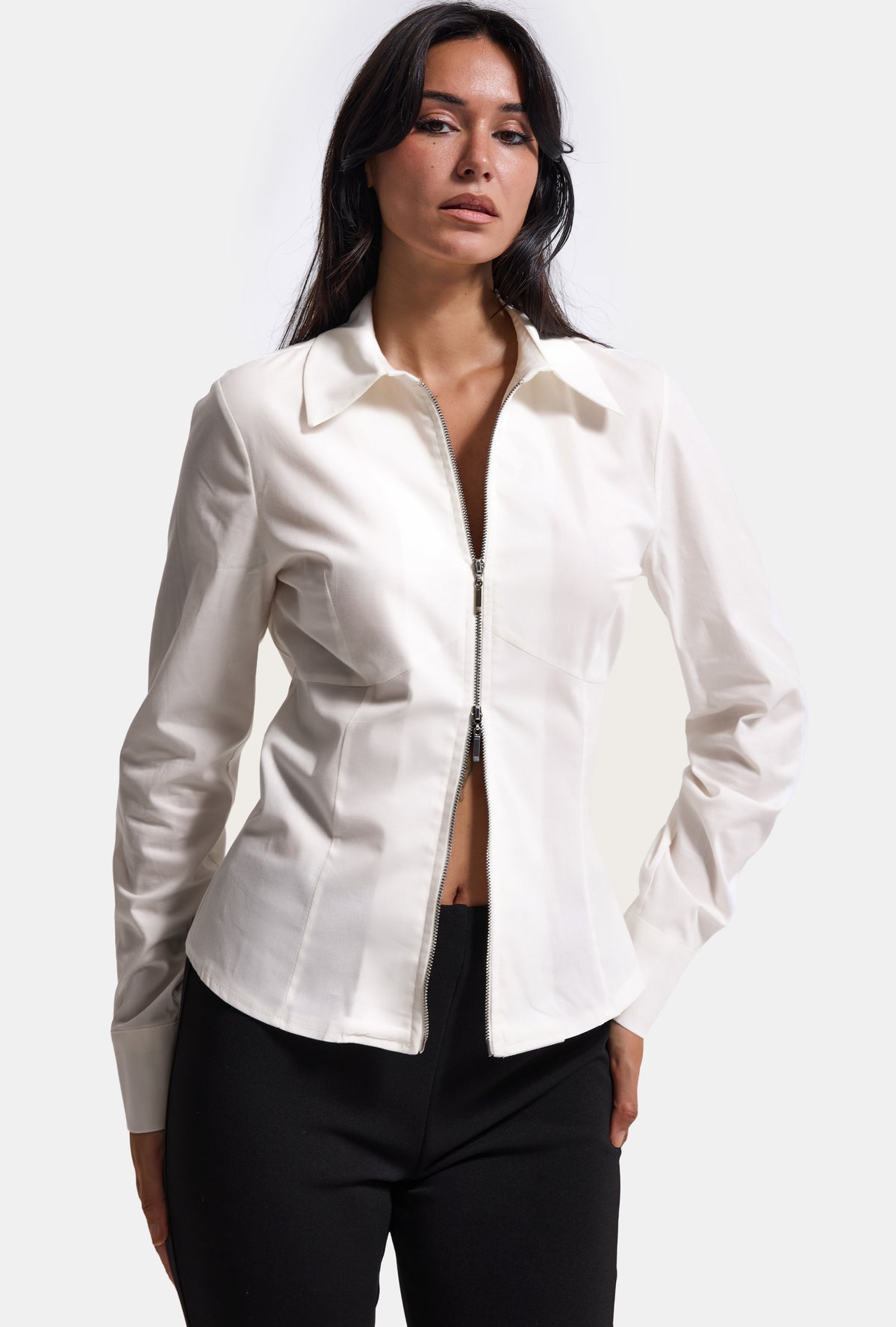 Kadın Beyaz w6-2 Slim Fit Fermuar Detaylı Gömlek
