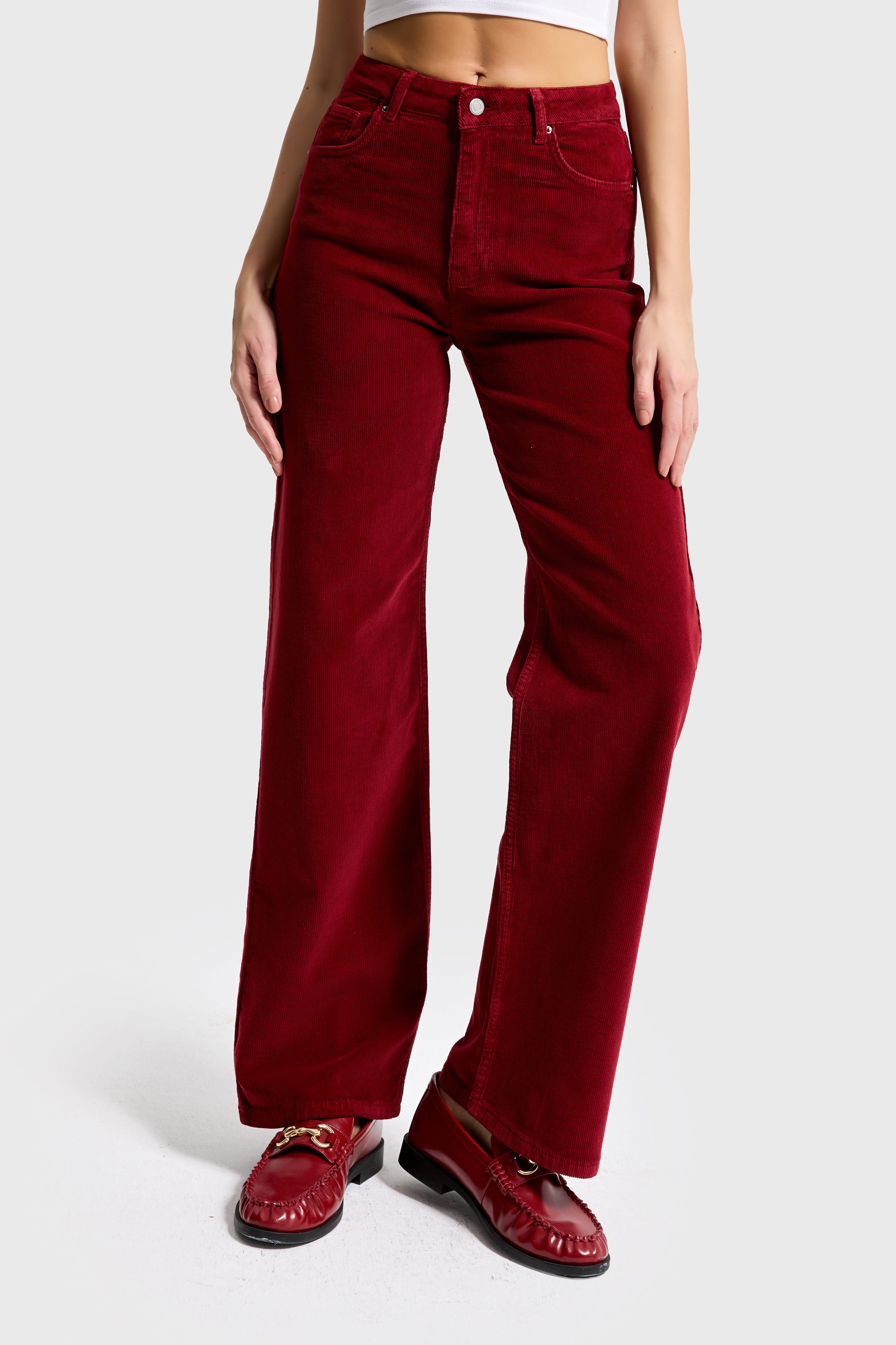 Kadın Bordo 29w5-35 Straight Cropped Fit Elastan Velvet Kadife Kumaş Pantolon