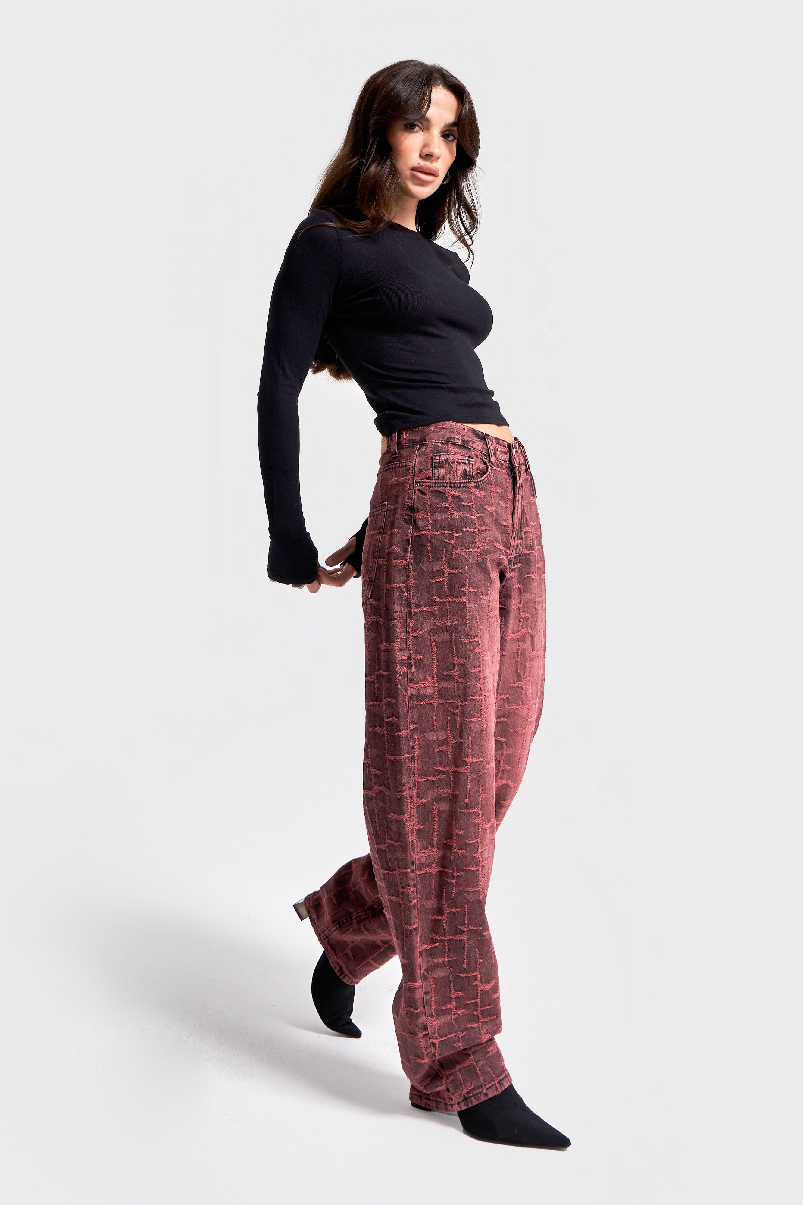 Kadın Bordo 4w5-151 Skater Fit Özel Kumaş Tasarım Denim Jean