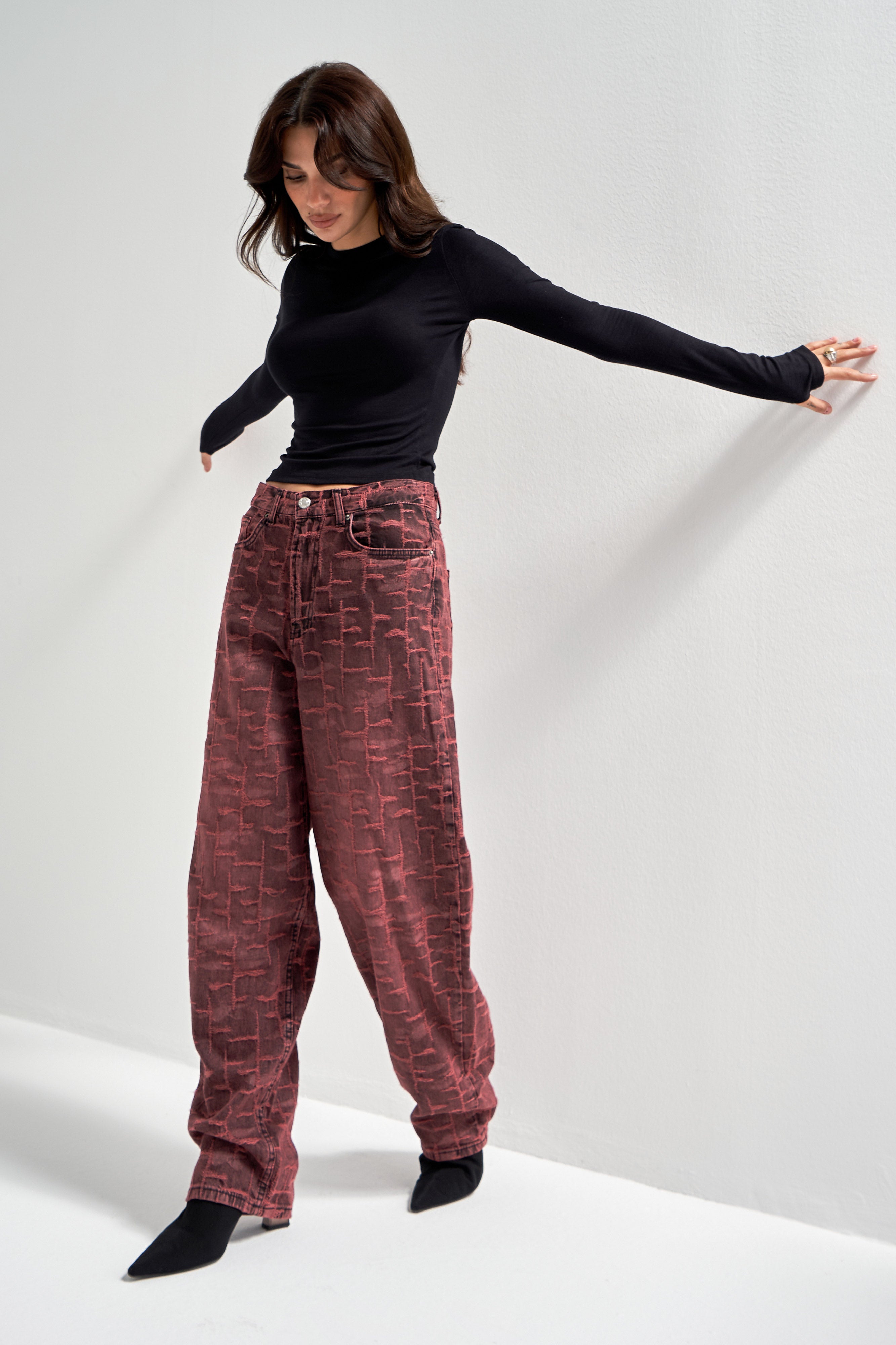 Kadın Bordo 4w5-151 Skater Fit Özel Kumaş Tasarım Denim Jean