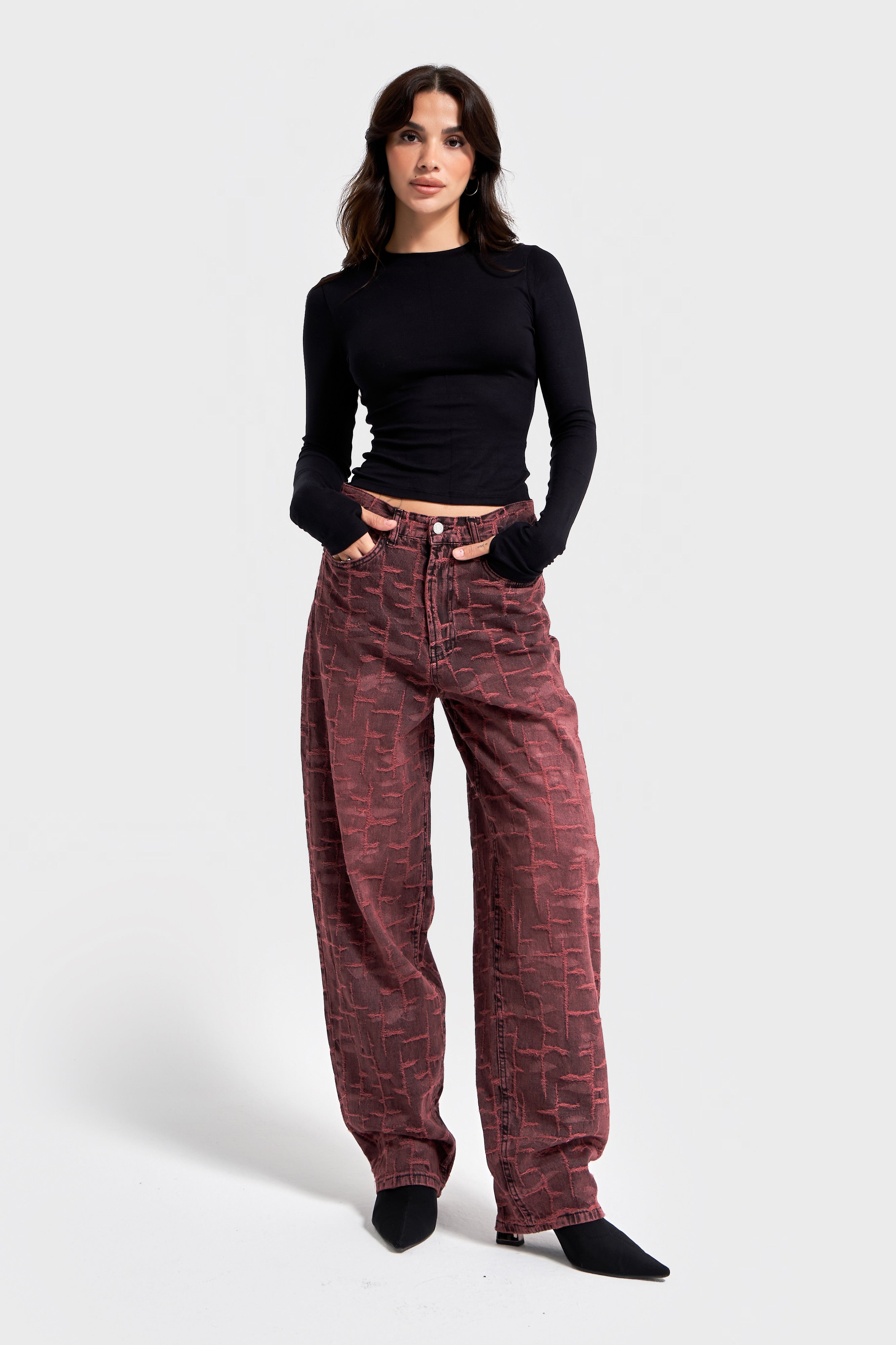 Kadın Bordo 4w5-151 Skater Fit Özel Kumaş Tasarım Denim Jean