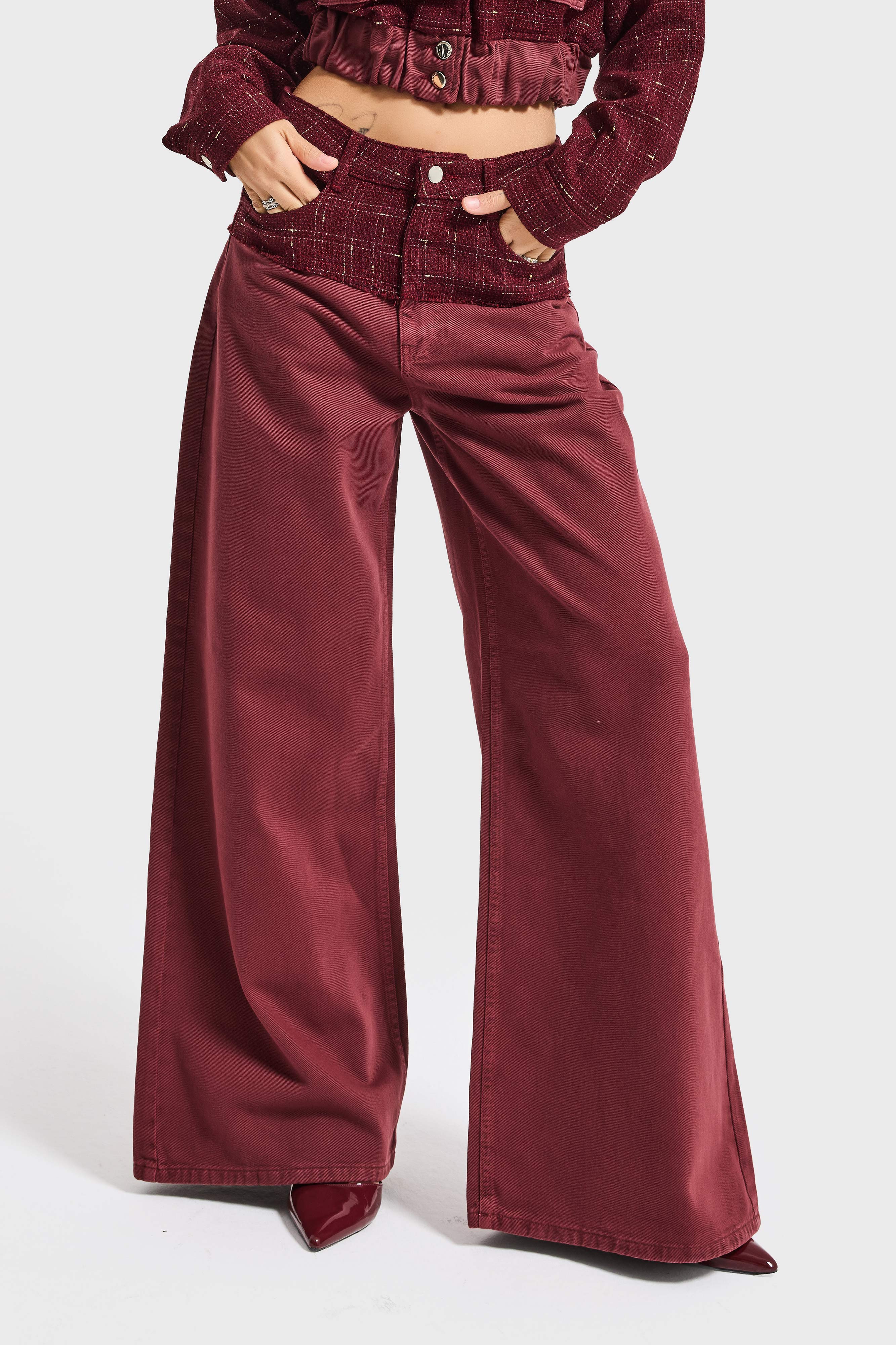 Kadın Bordo 6s6-35 Palazzo Fit Çift Parça Kumaş Özel Tasarım Denim Jean