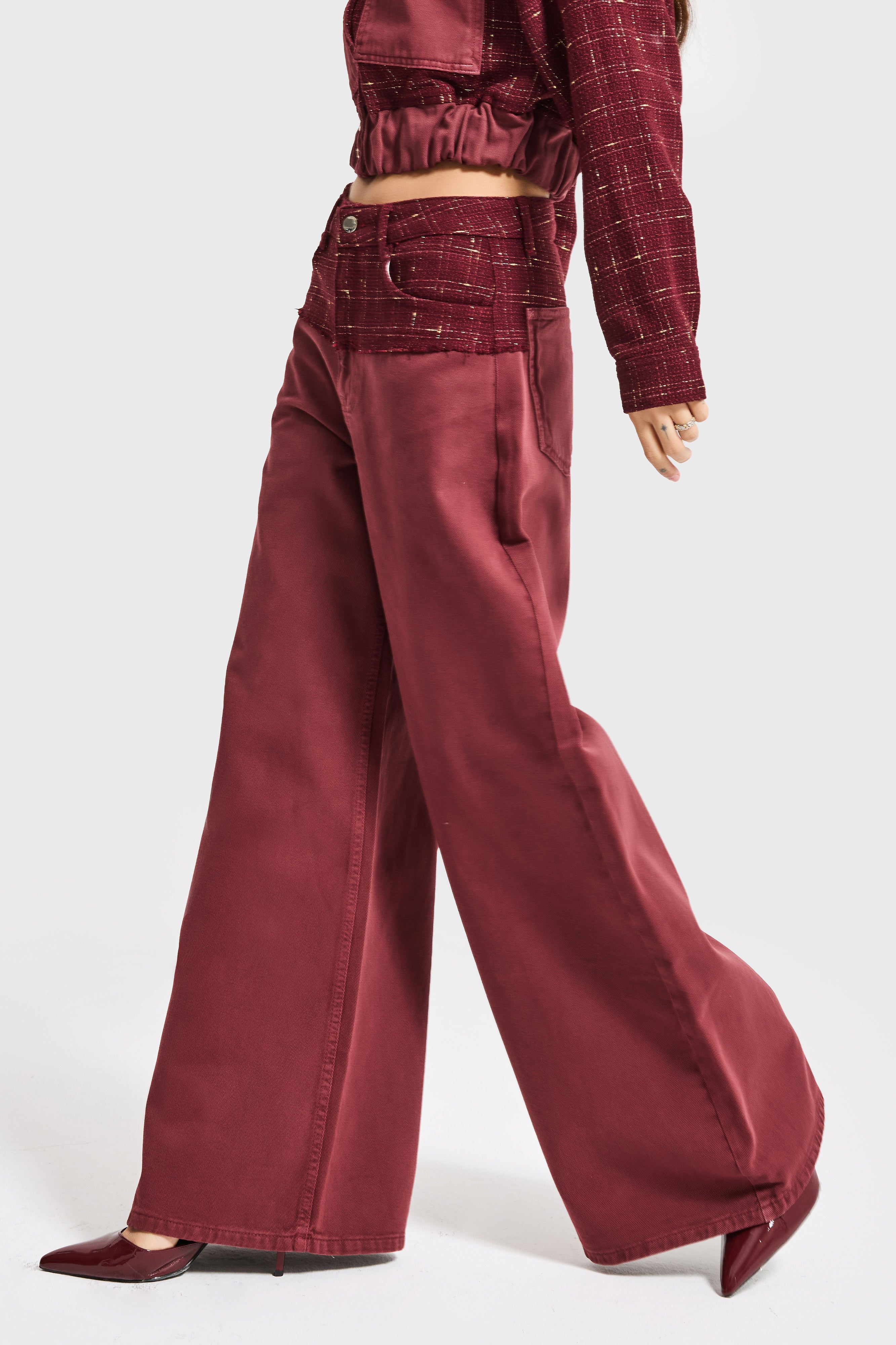 Kadın Bordo 6s6-35 Palazzo Fit Çift Parça Kumaş Özel Tasarım Denim Jean