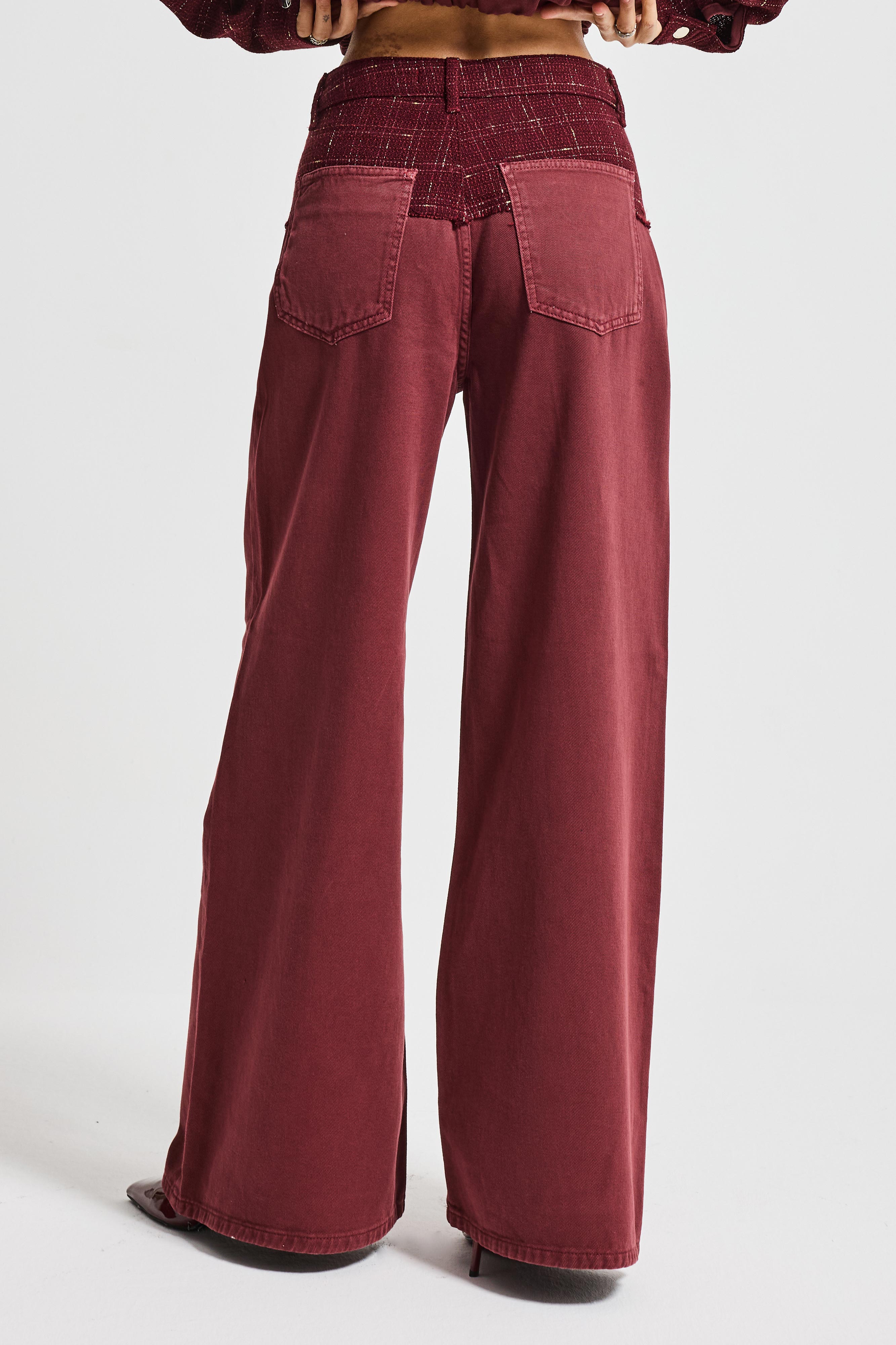 Kadın Bordo 6s6-35 Palazzo Fit Çift Parça Kumaş Özel Tasarım Denim Jean