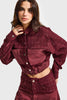 Women's Burgundy 6w6-35 Woven Denim Fabric Blend Button-Front Custom Design Bomber Jacket