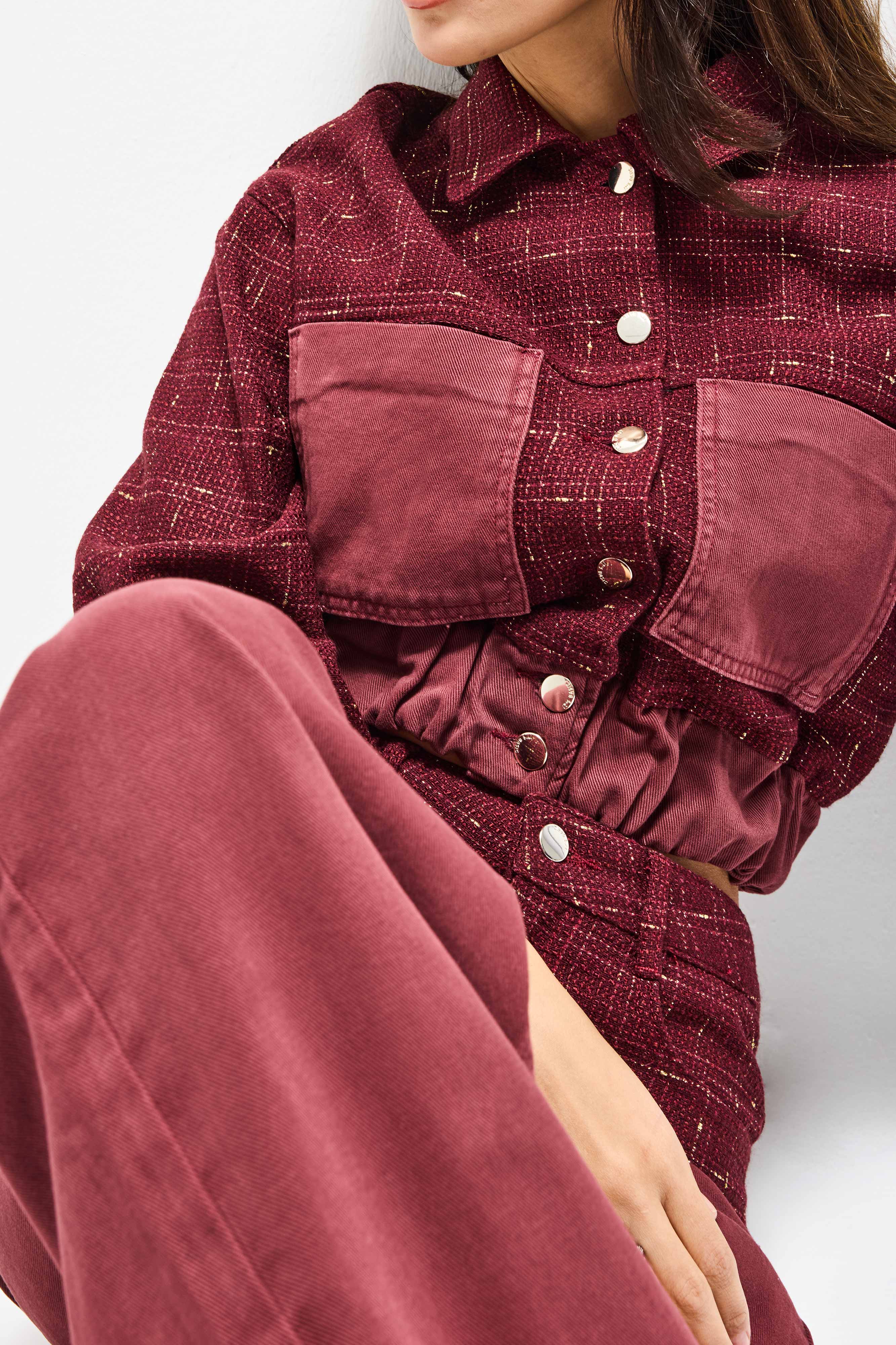 Kadın Bordo 6w6-35 Dokuma Denim Kumaş Karışımlı Önü Düğmeli Özel Tasarım Bomber Ceket