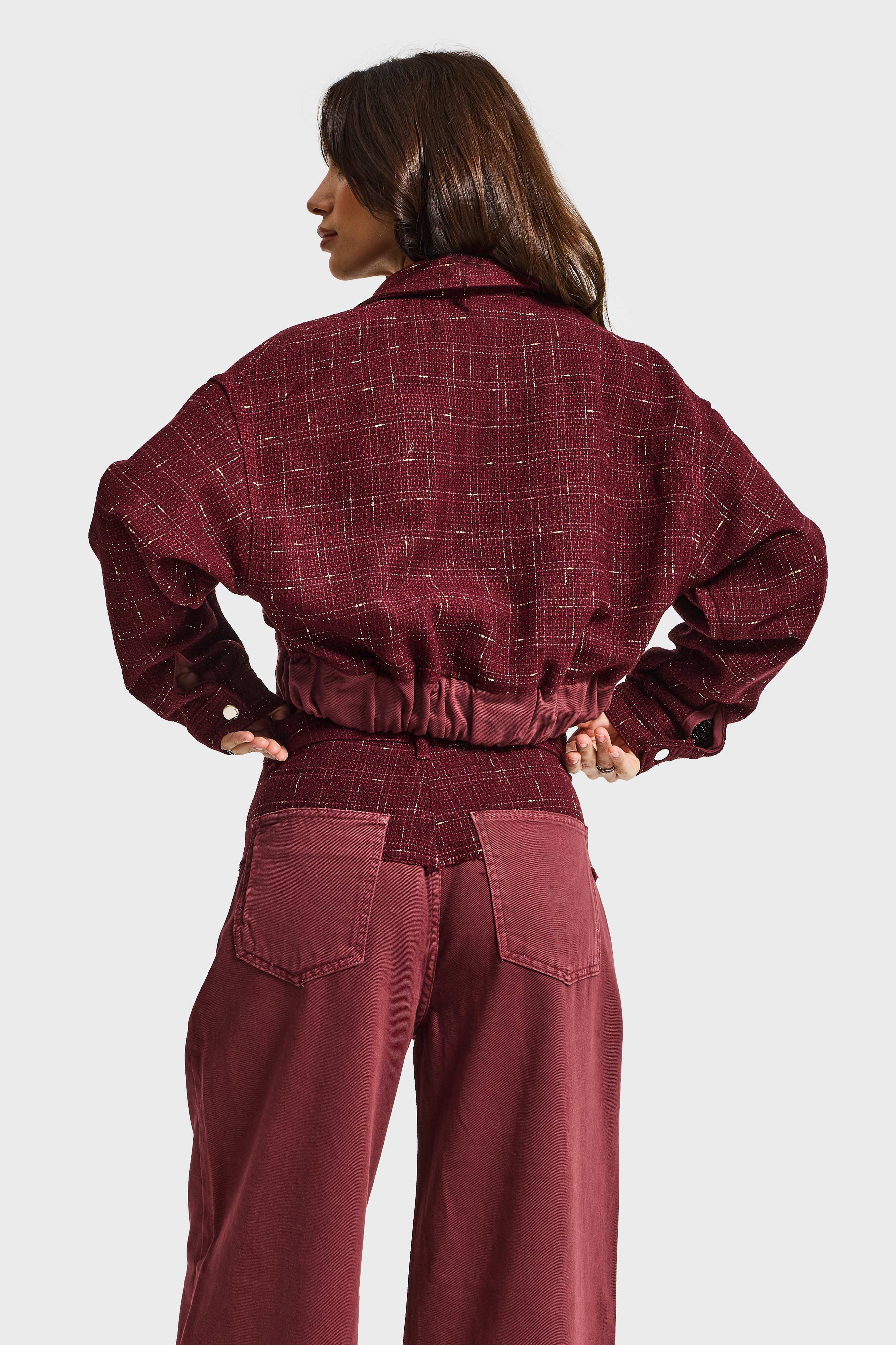 Kadın Bordo 6w6-35 Dokuma Denim Kumaş Karışımlı Önü Düğmeli Özel Tasarım Bomber Ceket