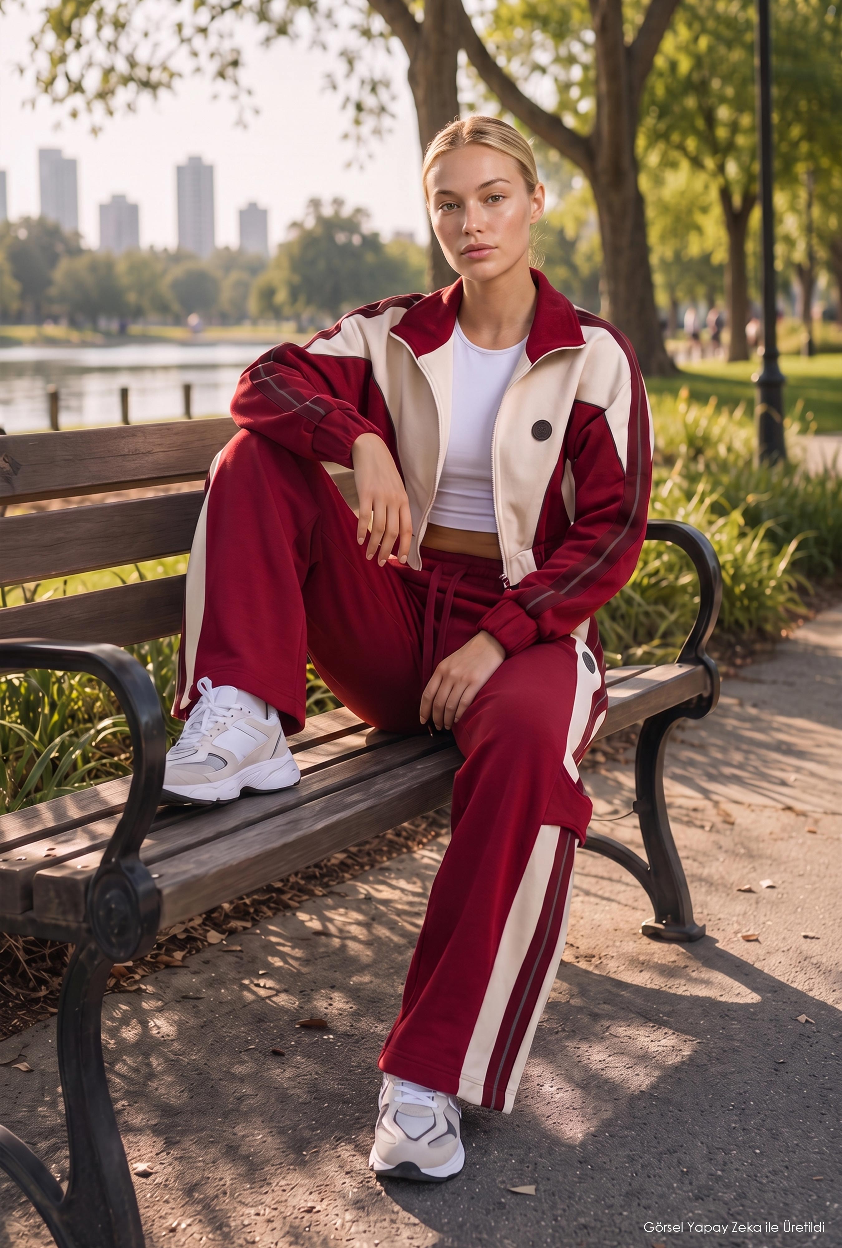 Kadın Bordo Bej w6-35 Crop Sweatshirt Eşofman Pantolon 2'li Tasarım Takım