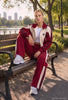 Kadın Bordo Bej w6-35 Crop Sweatshirt Eşofman Pantolon 2'li Tasarım Takım