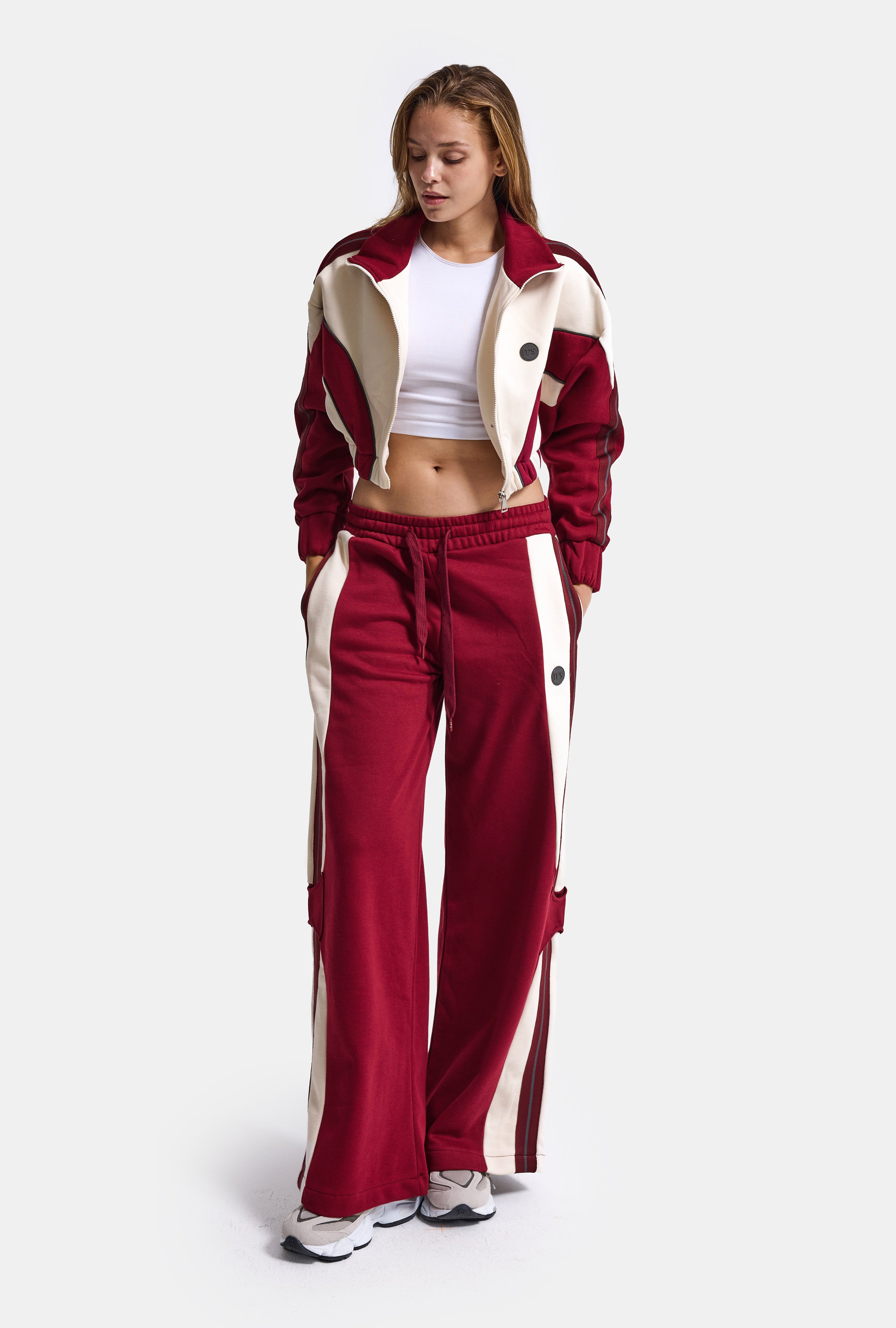 Kadın Bordo Bej w6-35 Crop Sweatshirt Eşofman Pantolon 2'li Tasarım Takım