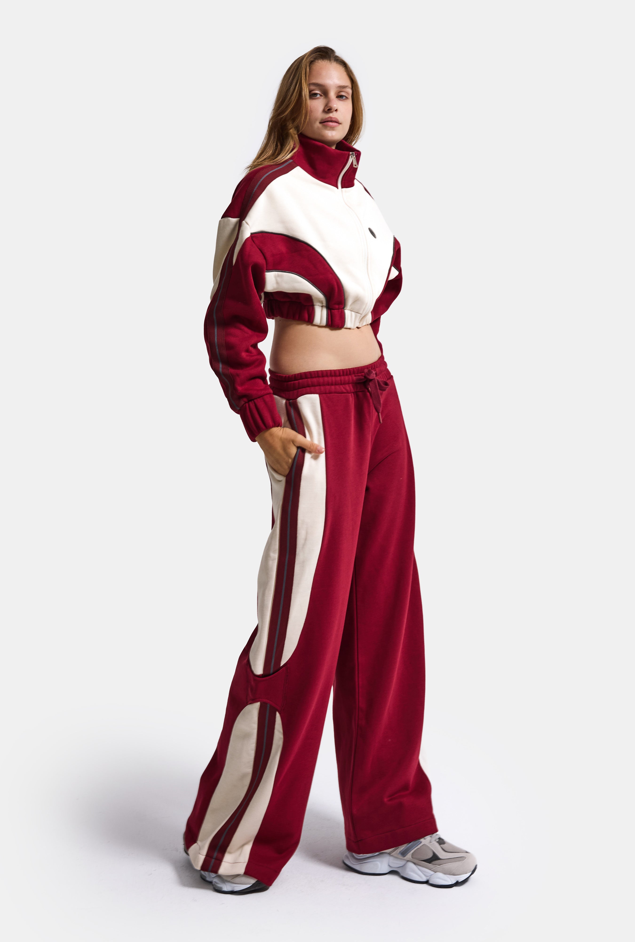 Kadın Bordo Bej w6-35 Crop Sweatshirt Eşofman Pantolon 2'li Tasarım Takım