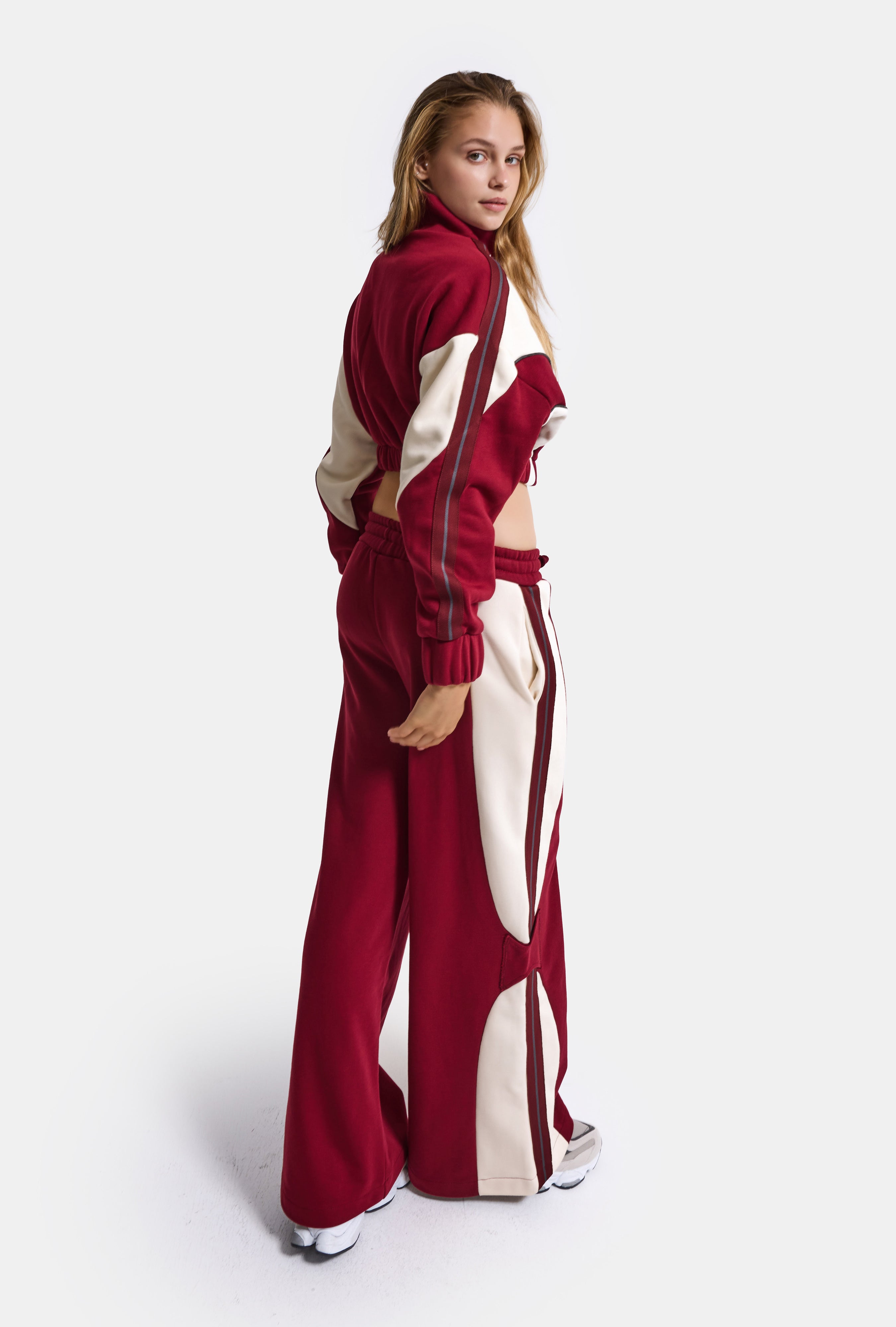 Kadın Bordo Bej w6-35 Crop Sweatshirt Eşofman Pantolon 2'li Tasarım Takım