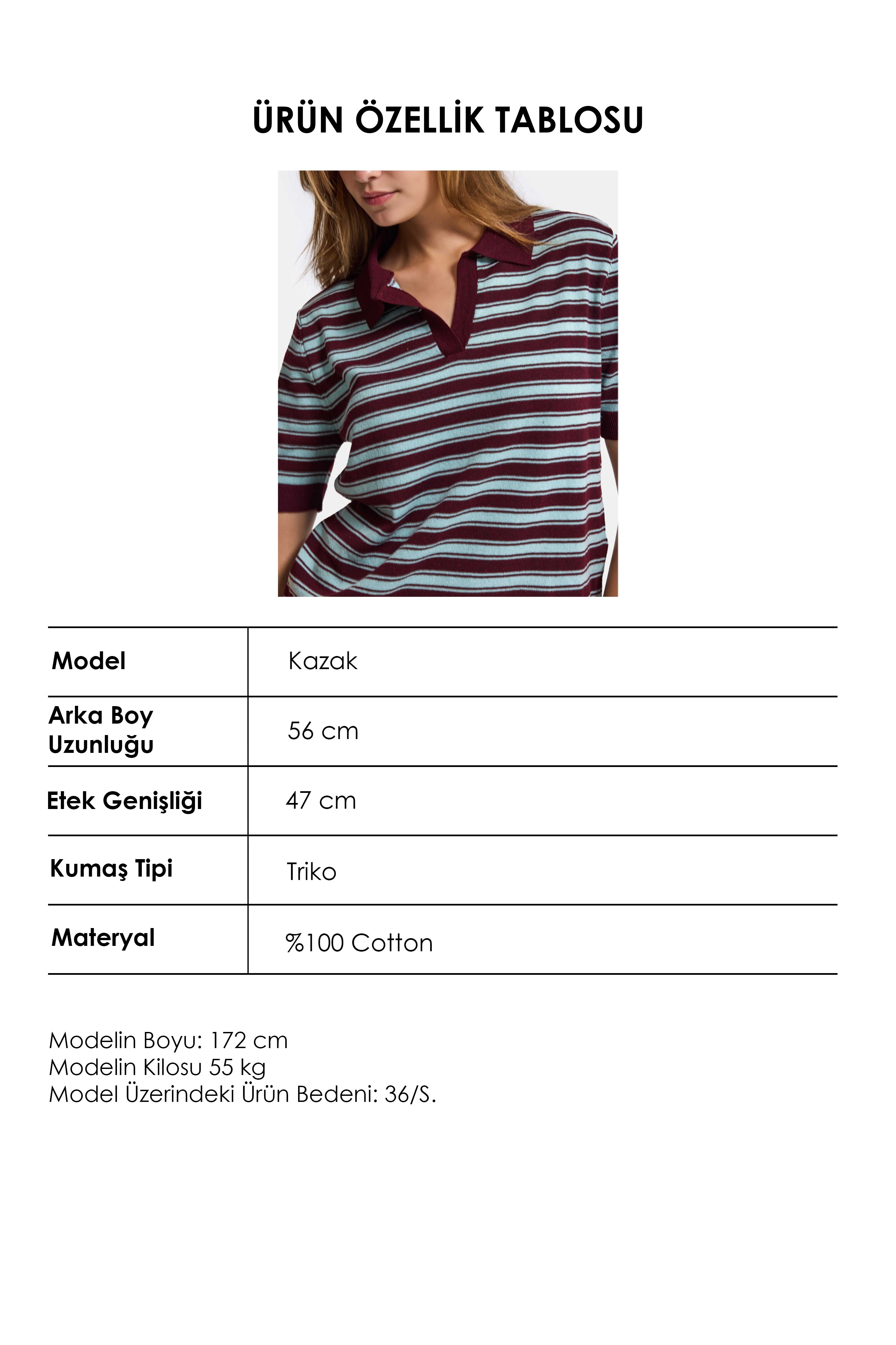 Kadın Bordo Çizgili w6-35 Oversize Polo Yaka Triko