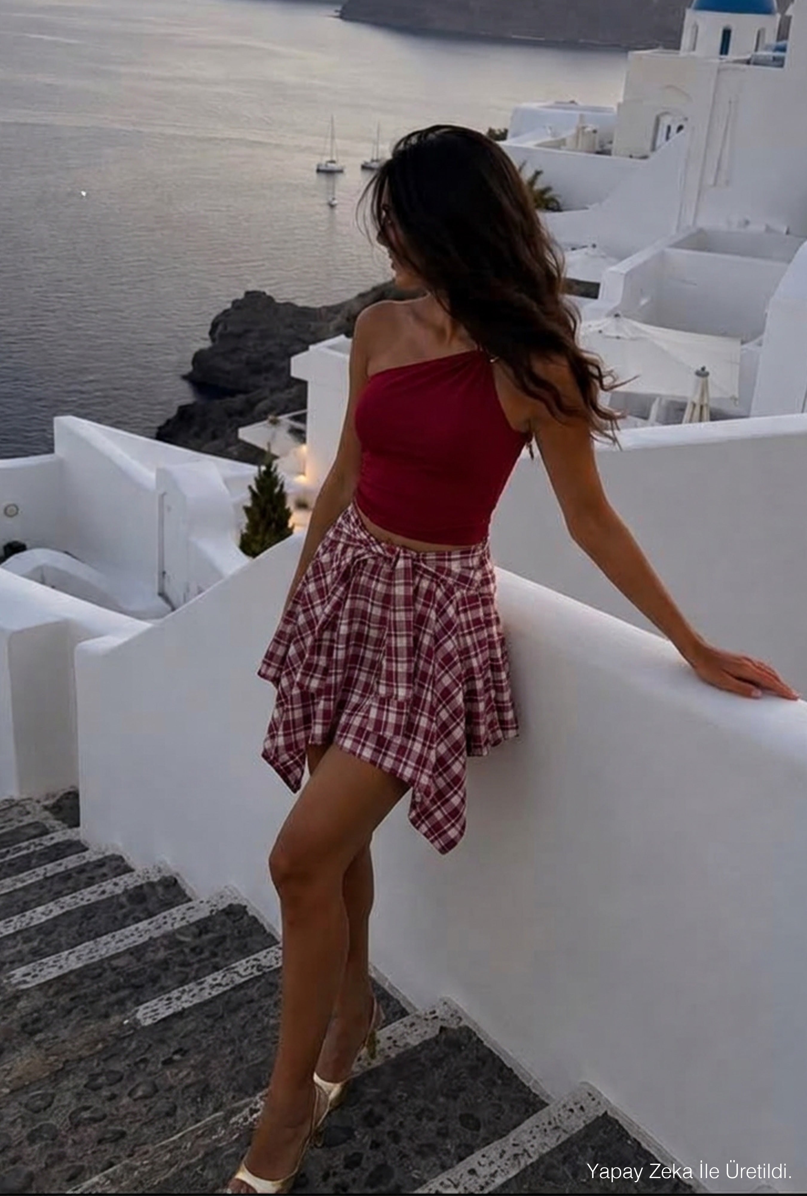 Kadın Bordo Ekose Asimetrik Kesim İçi Şortlu Etek