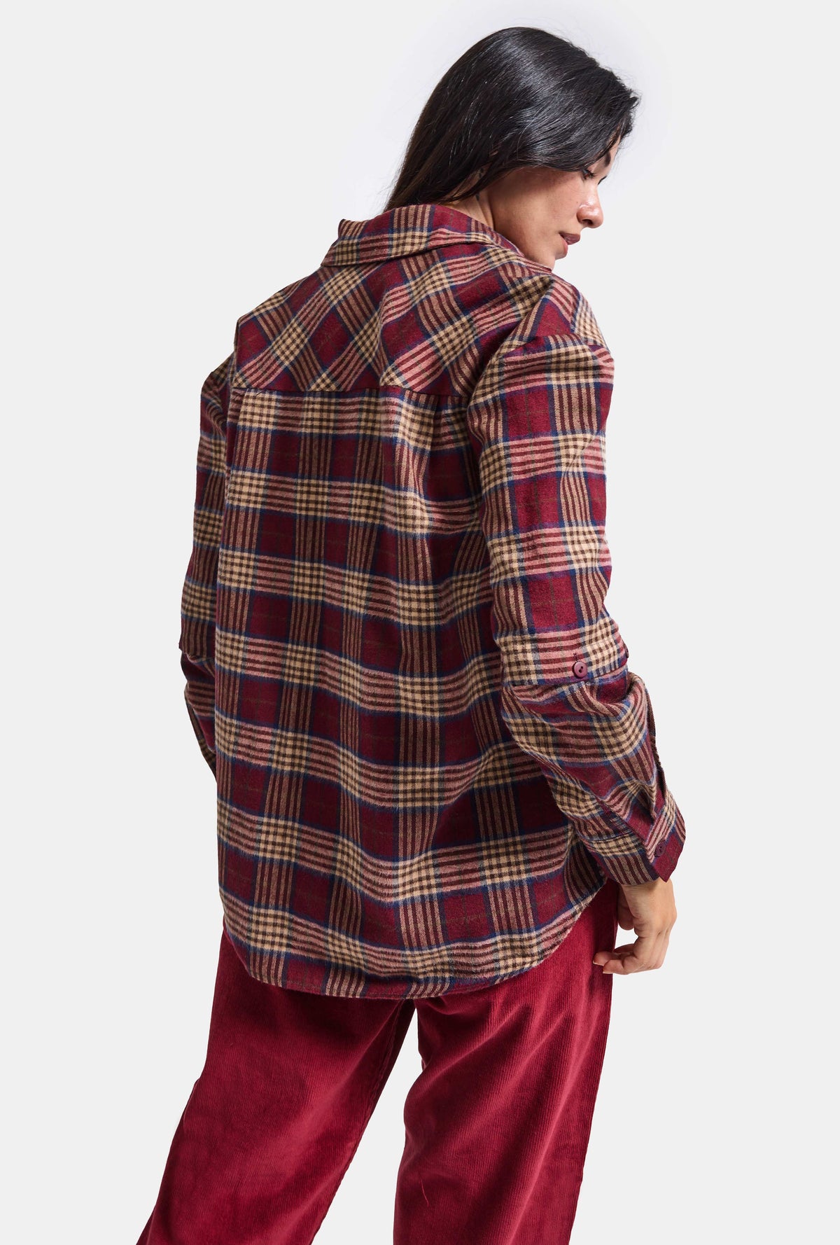 Kadın Bordo Ekose w6-38 Oversize Gömlek